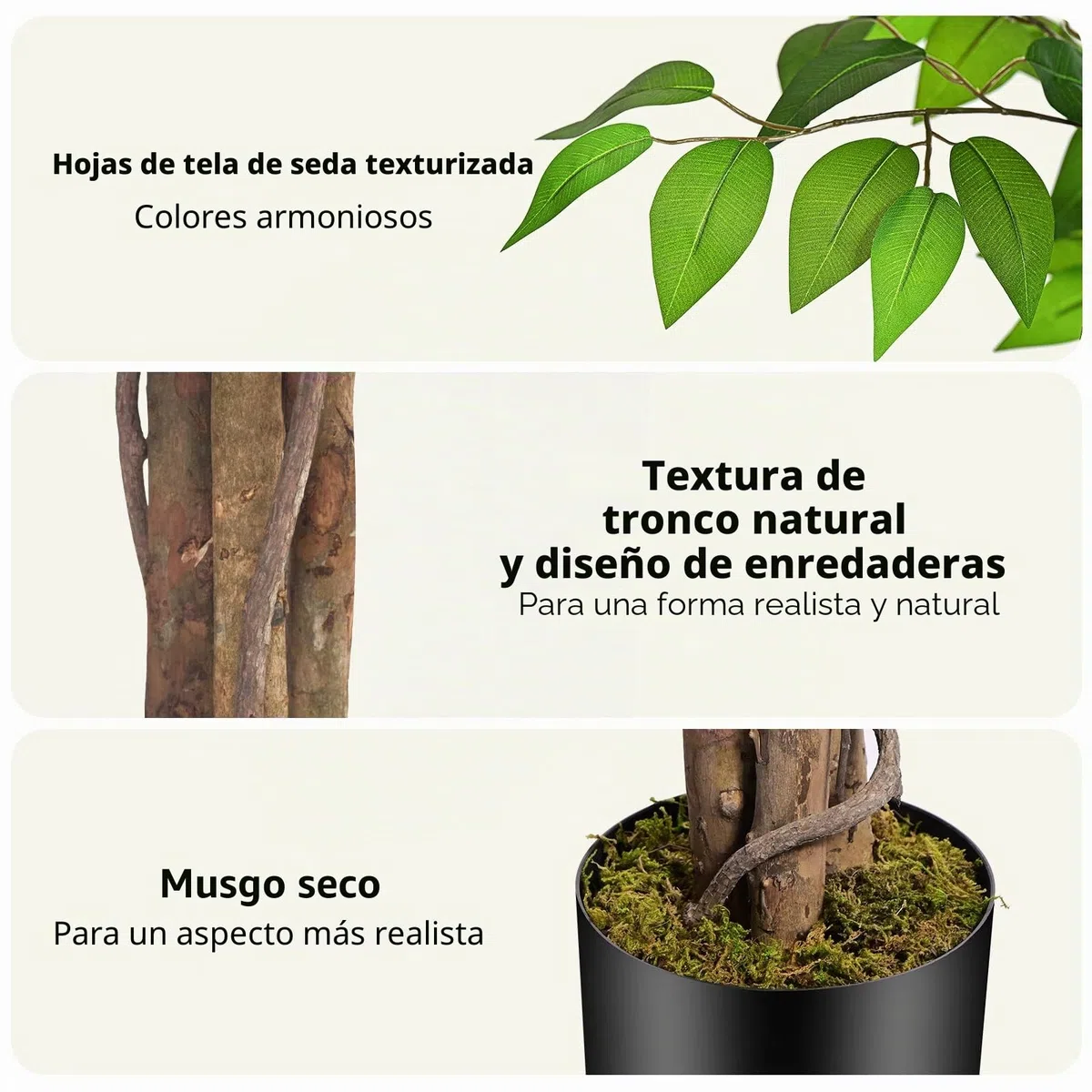 Planta Artificial Ficus 210cm Alta con Tres Varas de Madera Natural, Planta Artificial Grande con 1760 Hojas, Plantas Artificiales Interior Decorativas para Oficina Hogar DEC