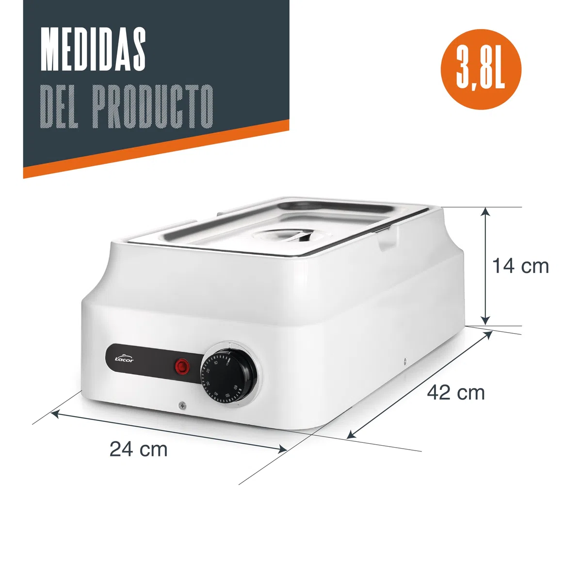 Lacor - 69618 - Baño María Chocolate, White, 3,8 L, Acero Inoxidable 18/10, 80W, Termostato Regulable 0-60ºC, Fundidor y Atemperador de Chocolate Profesional, Calentamiento 3D