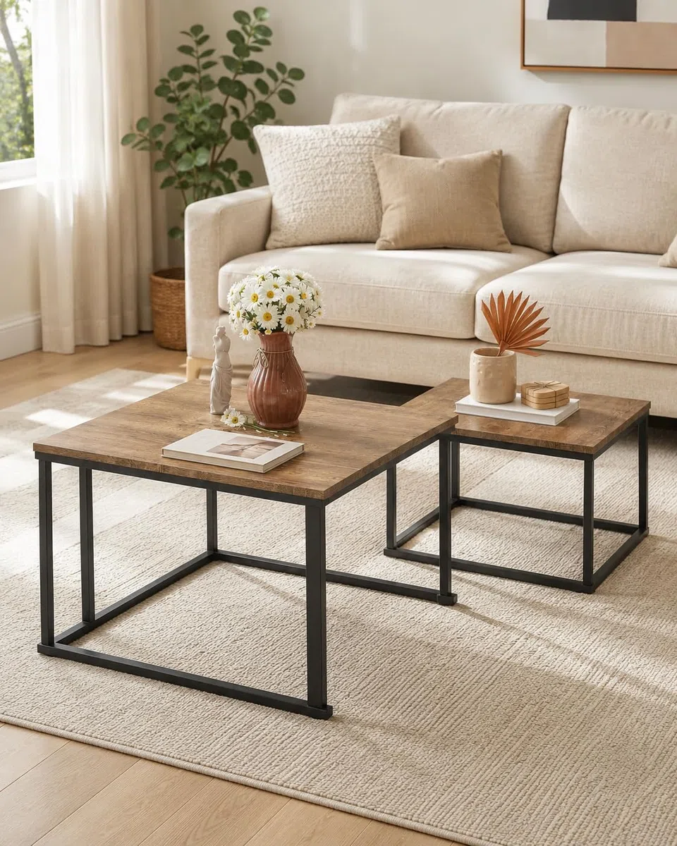 Mesa de Centro Madera Cuadrada Nido Set de 2 Mesas Auxiliares Salón Mesa Centro Pequeña Mesita de Centro Efecto Roble Negro con Marco Metálico para Salón Dormitorio Oficina