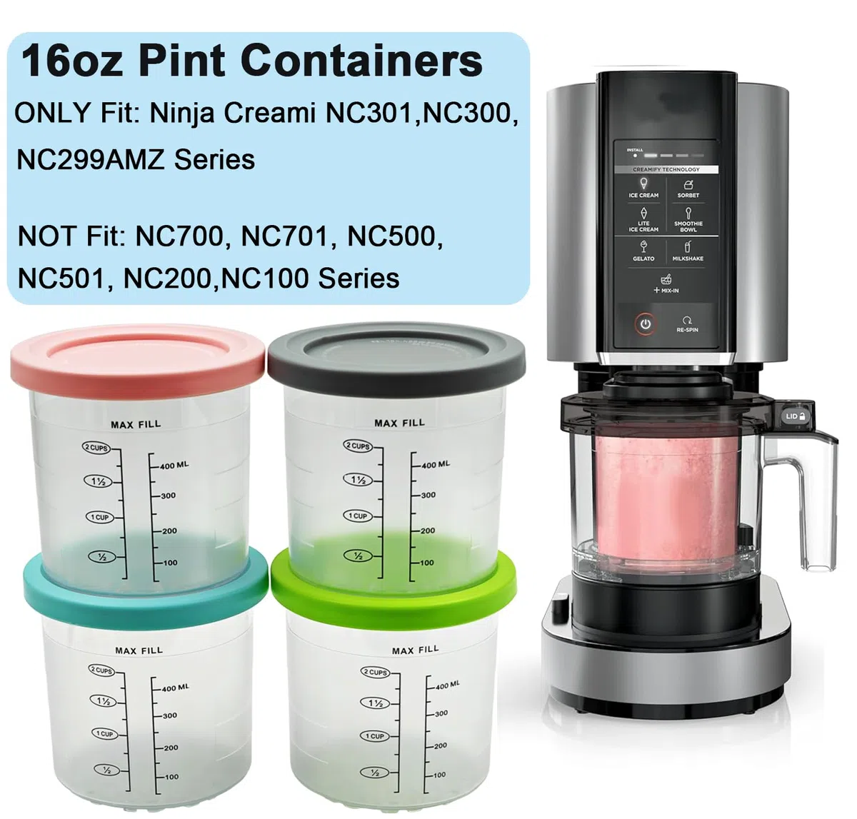 Paquete de 4 tinas de creami compatibles con Ninja CREAMi Ice Cream Maker NC300UK NC300UKCO NC300UKCP NC301 Series, para recipientes de pinta cremosa Ninja con tapas de color, sin BPA y apto para
