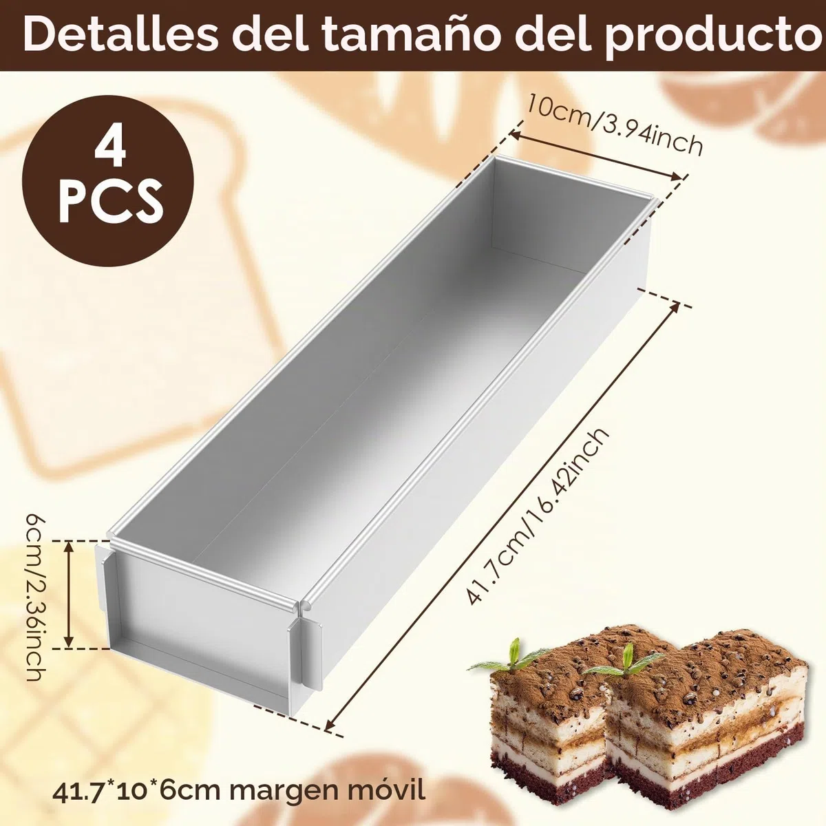 Molde para horno rectangular ajustable, molde rectangular para tartas, antiadherente, rectangular, molde ajustable para tartas de tiramisú (4 unidades, con desagüe removible)