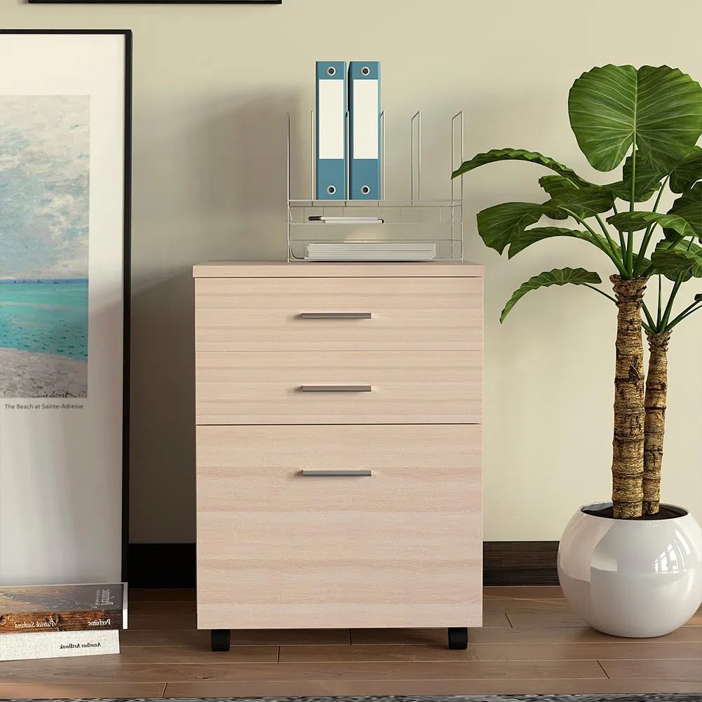 BAKAJI Cajonera móvil para escritorio, mueble para impresora de madera MDF con 3 cajones y 4 ruedas giratorias, diseño moderno, decoración para casa u oficina. Dimensiones: 46,5 x 45 x 64 cm (Olmo)