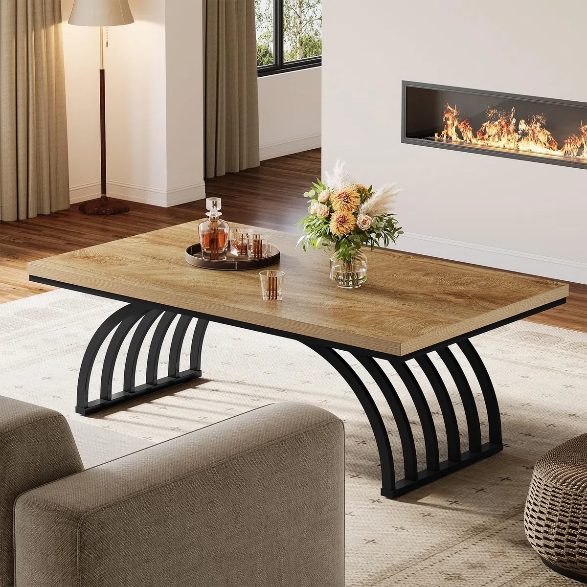 Tribesigns Mesa de centro de 120 cm, mesa de centro industrial con patas de metal, mesa de acento moderna de madera, mesa de té en casa oficina, color marrón claro
