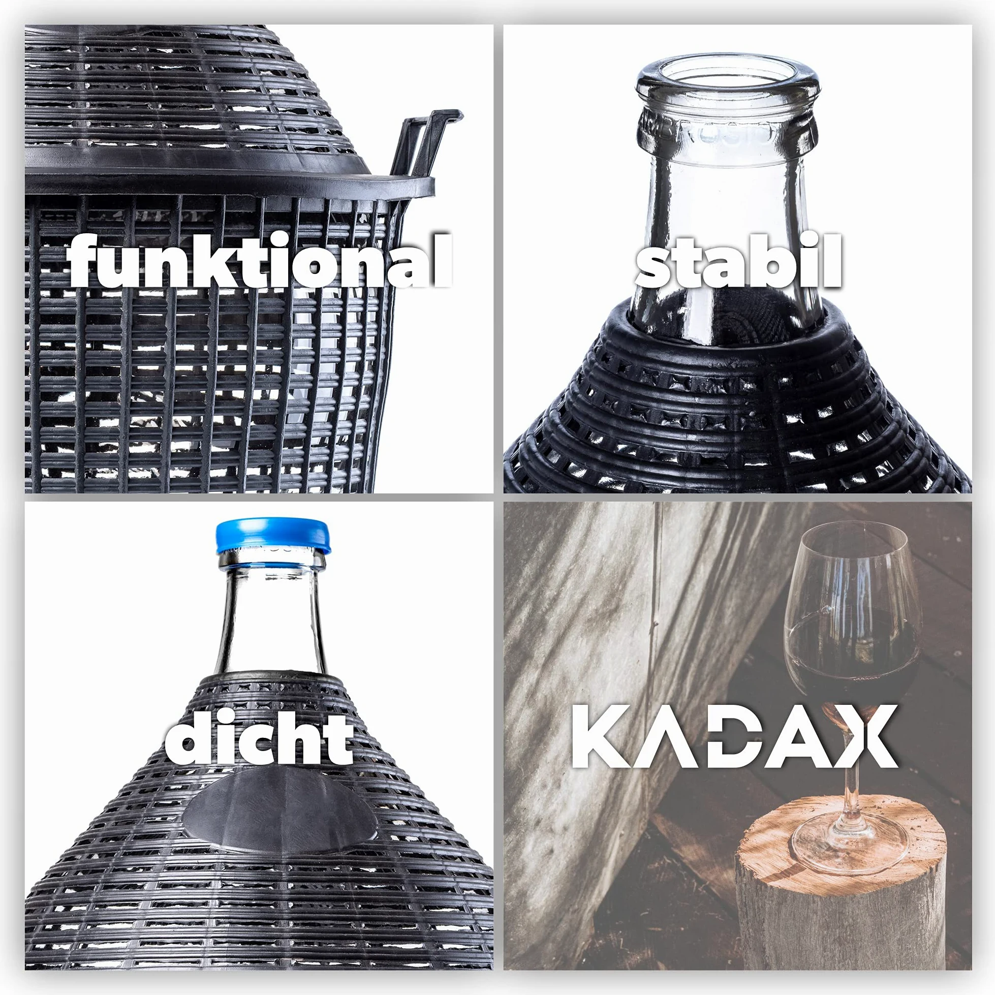 KADAX - Globo de Cristal con Cesta de plástico, tapón de Goma, Abertura Estrecha, Botella de Vino, Botella de Cristal, gallón, Recipiente de fermentación, Cristal y plástico, Gris, 54L