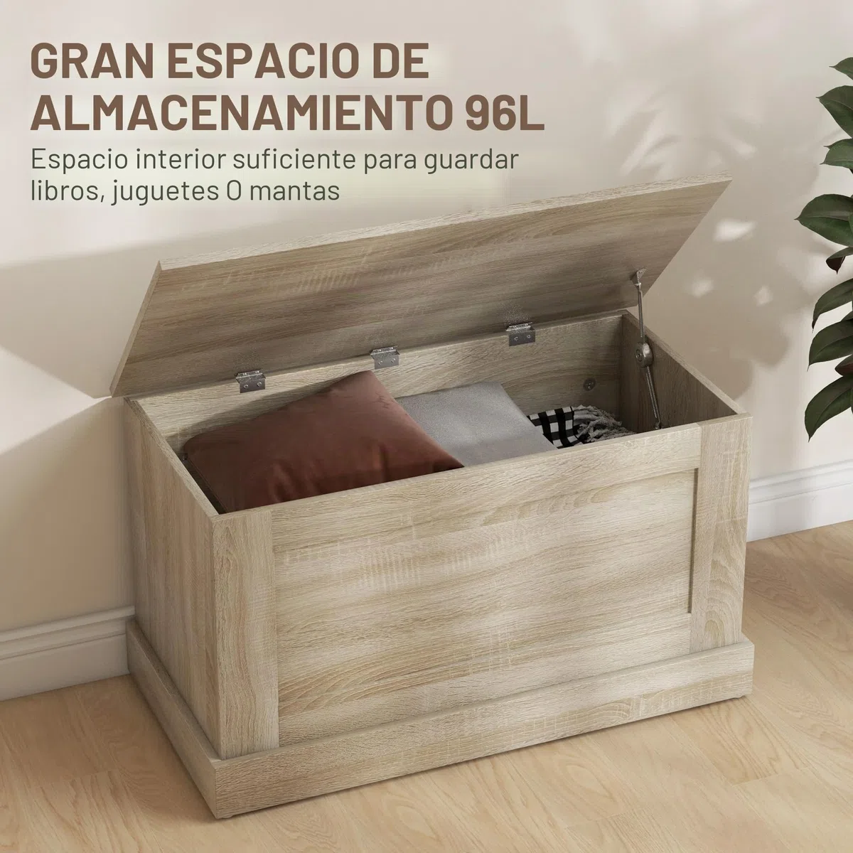 HOMCOM Baúl de almacenamiento, baúl de juguetes de madera, con bisagra de seguridad, para salón, pasillo, 80 x 40 x 45 cm, madera natural
