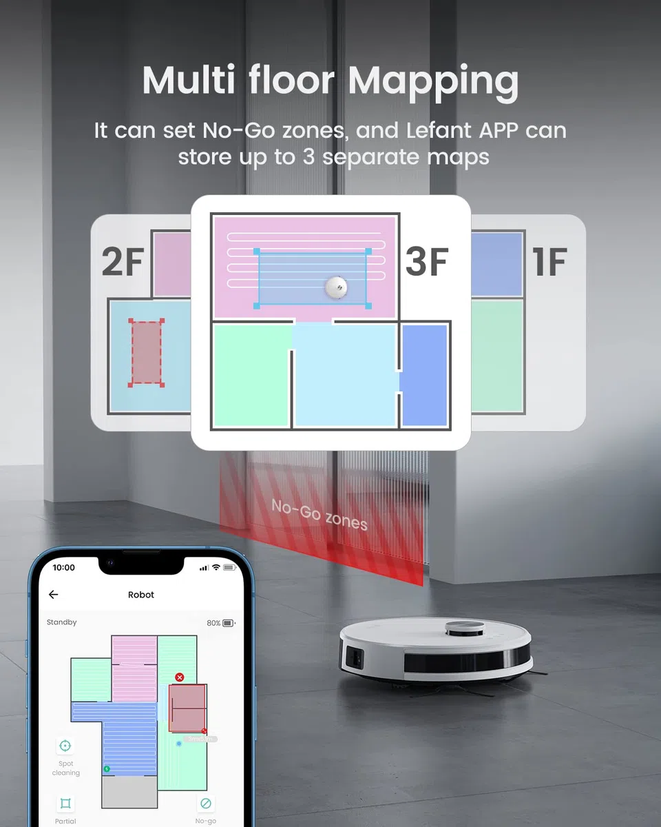 Lefant M1 Robot Aspirador y Fregasuelos con Exacto Mapeo Lidar (LDS), Robot Aspirador Succión de 4000 Pa, Batería de 4000 mAh, Gestión de Estancias, Control Mando/App/Alexa, Tanque de ólidos y Mixto