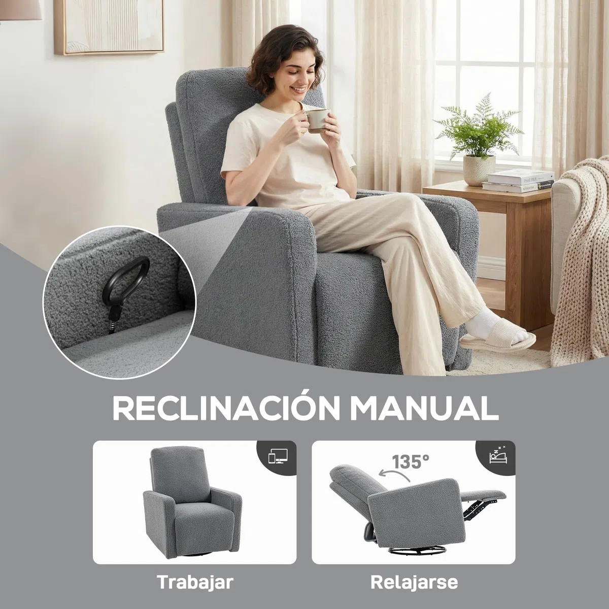 HOMCOM Sillón Relax Reclinable Manual, Sillón Relax de Borreguito con Reposabrazos, Reposapiés, Acolchado Grueso, Función de Balanceo 360°, Butaca Reclinable hasta 135º para Salón, Dormitorio, Gris