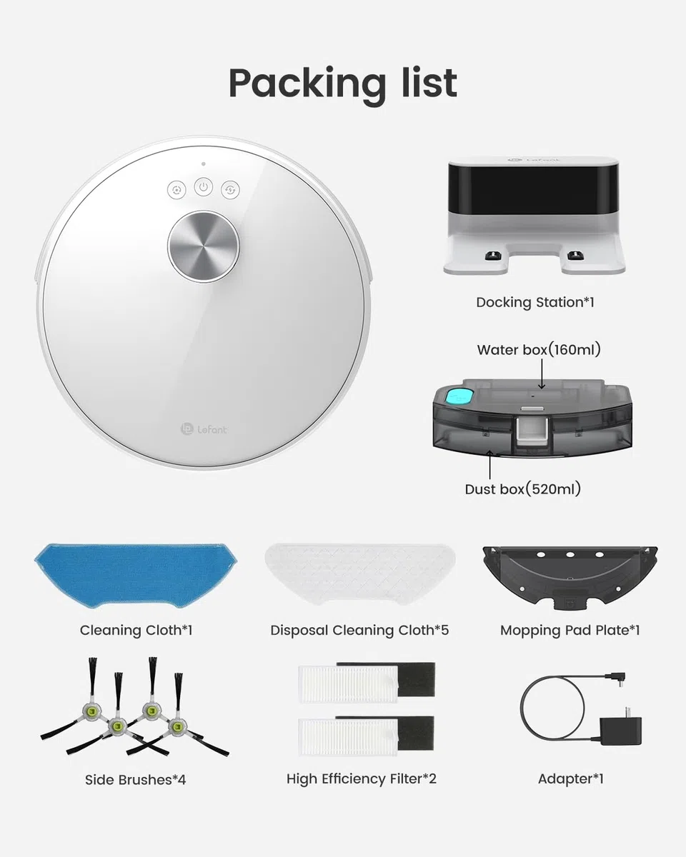Lefant M1 Robot Aspirador y Fregasuelos con Exacto Mapeo Lidar (LDS), Robot Aspirador Succión de 4000 Pa, Batería de 4000 mAh, Gestión de Estancias, Control Mando/App/Alexa, Tanque de ólidos y Mixto