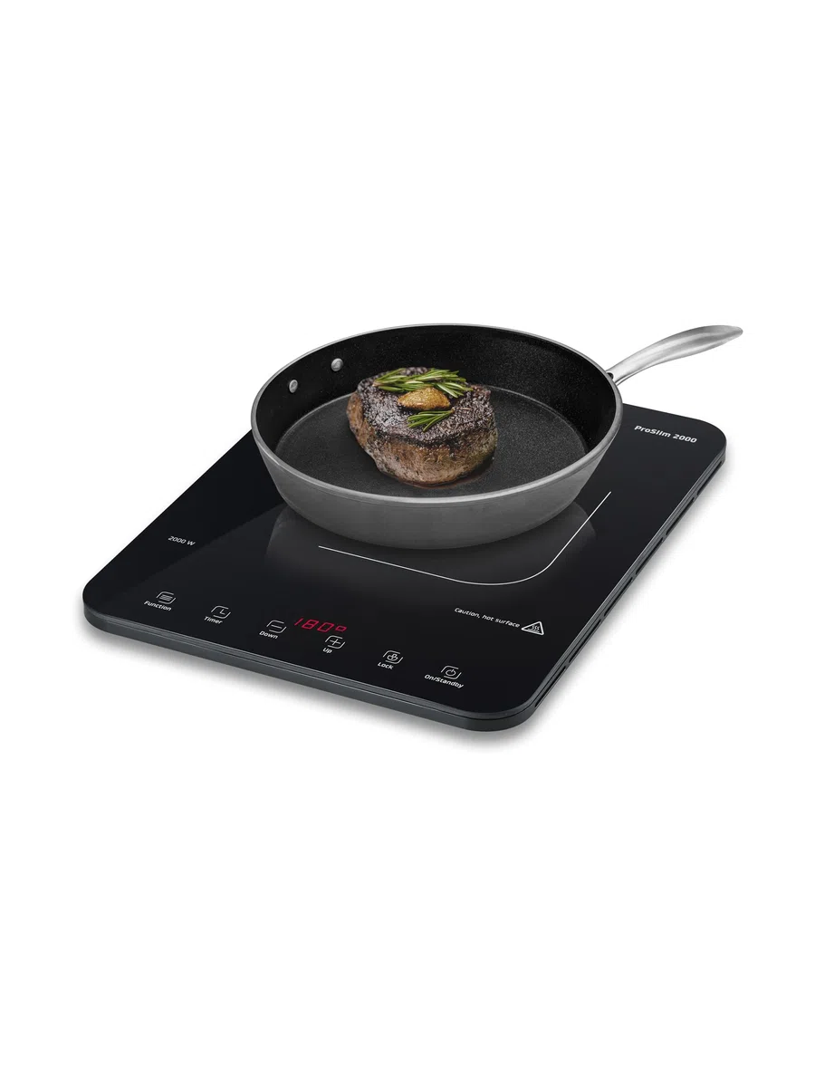 CASO ProSlim 2000 - Placa de Inducción portátil con 10 niveles, Control Táctil, Cocina para camper, viajes y campings, Detector de Sartenes,Control Seguridad niños, 39x29x3 cm, 2,3kg - negra
