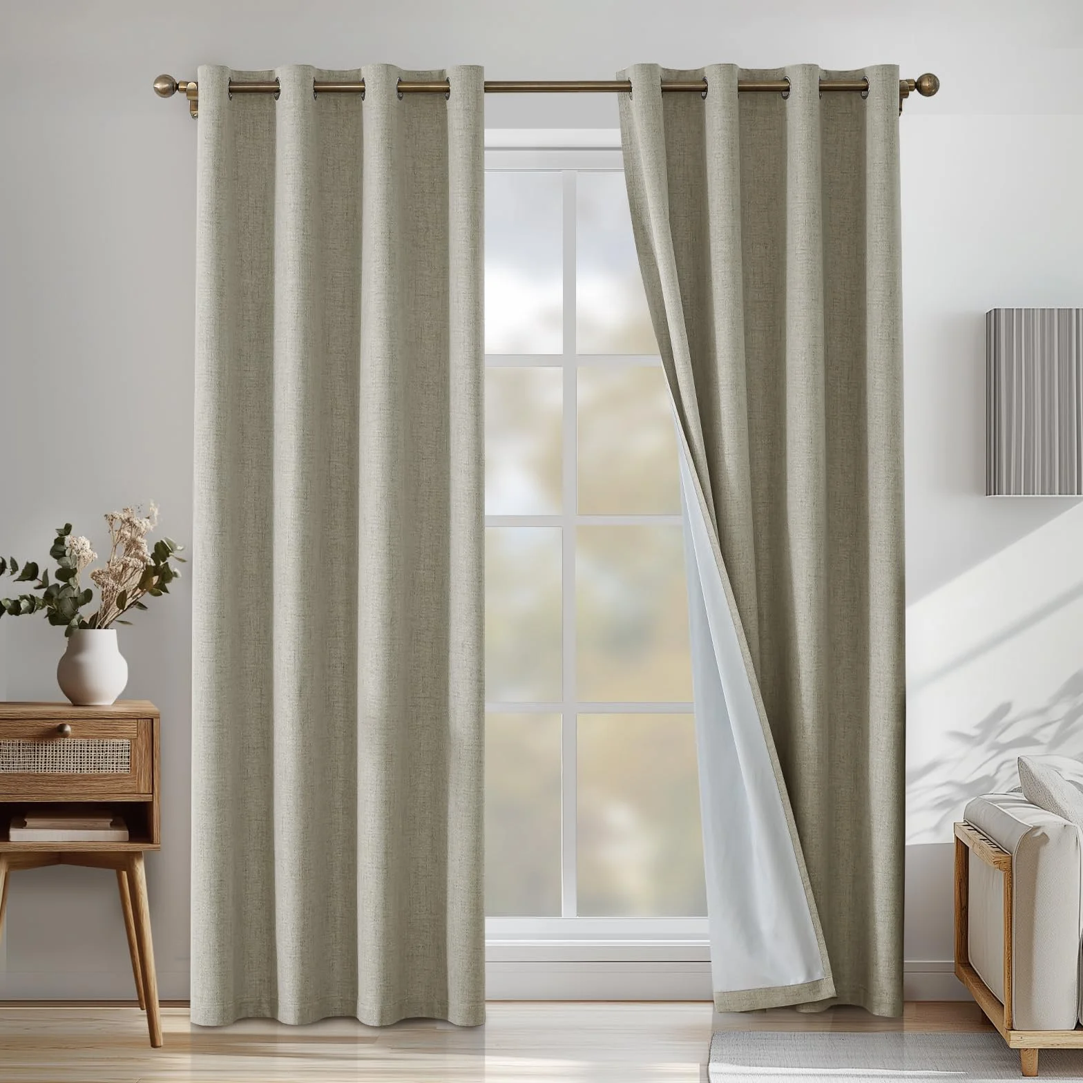 100% Cortinas Opacas 2 Piezas, 140x280cm, Cortina Opaca Termica Aislante, Lino Cortinas Acusticas Antiruido, Cortina Salon Modernas con Ojales, para Habitacion Comedor, Natural