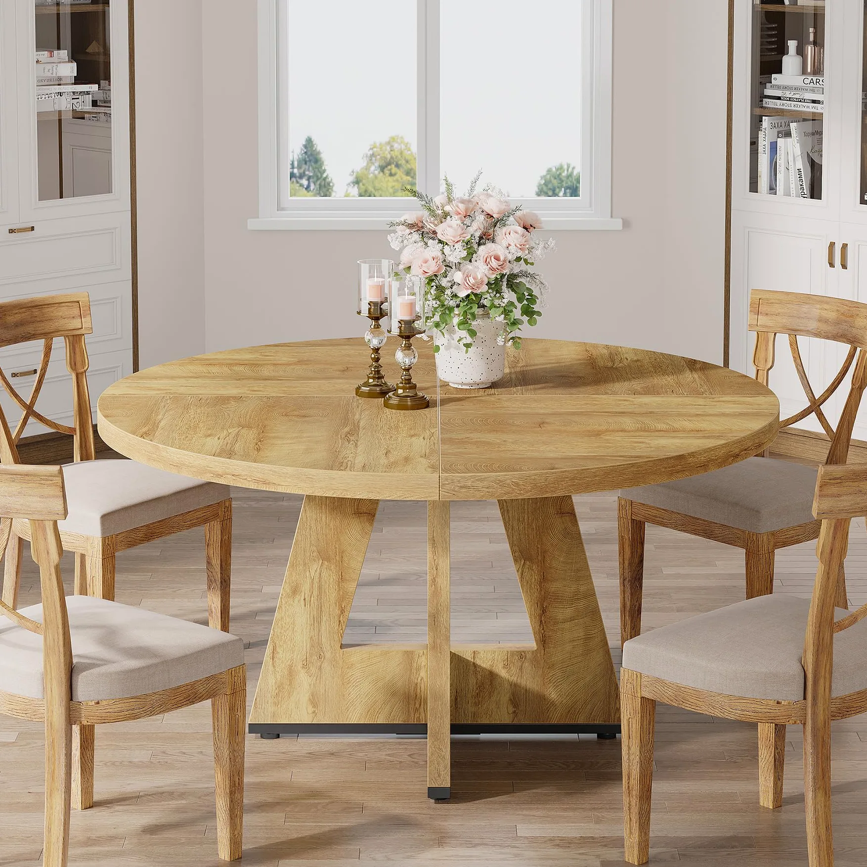 Tribesigns Mesa de comedor redonda de madera de 47 pulgadas, mesa de cocina para comedor, mesas de comedor de 47 pulgadas para 4 a 6 pulgadas, muebles decorativos de granja con mesa de madera y base