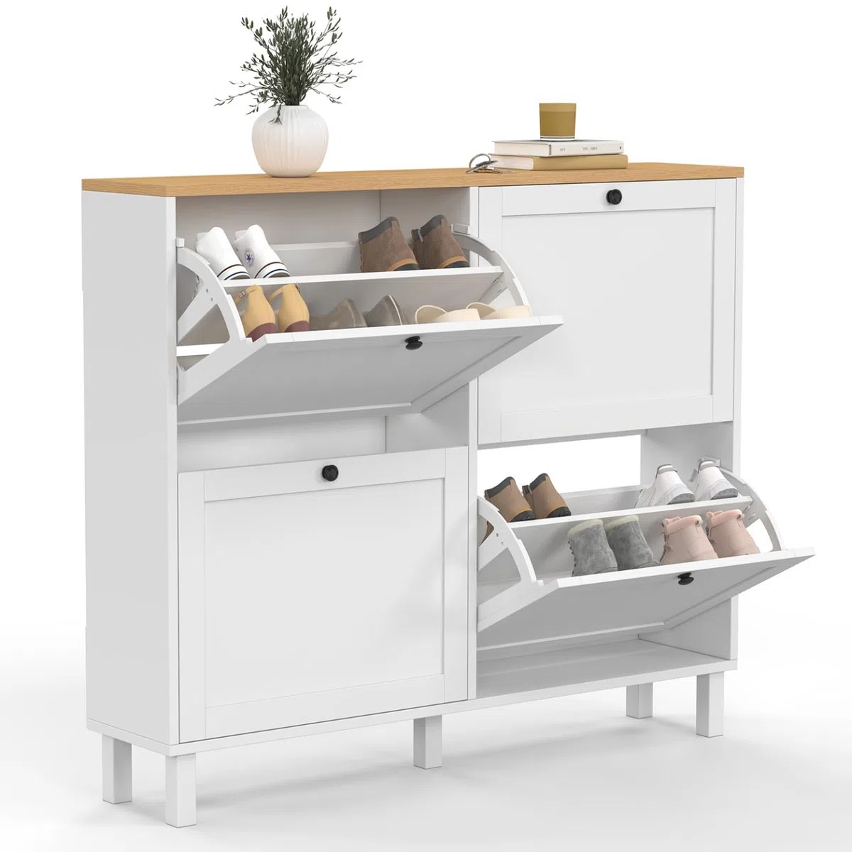 IDMarket - Zapatero Achille para 20 pares con 4 puertas, color blanco y bandeja de madera