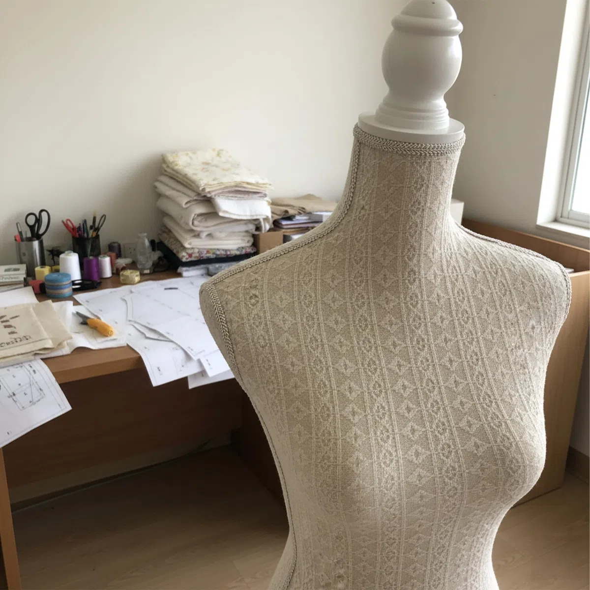 Relaxdays Maniquí de Costura Femenino Ajustable 130–167 cm con Encaje, Base de Madera, Beige/Blanco, 167x41x34 cm