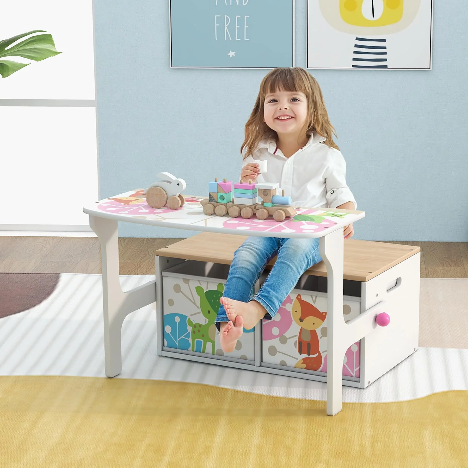 RELAX4LIFE 3 en 1 Baúl Juguetes Infantil de Madera, Juego de Mesa y Silla Infantil con Banco Convertible, Caja Almacenaje, Respaldo y Reposabrazos, Mesa y Sillas para Niños 3-7 Años (Rosa)
