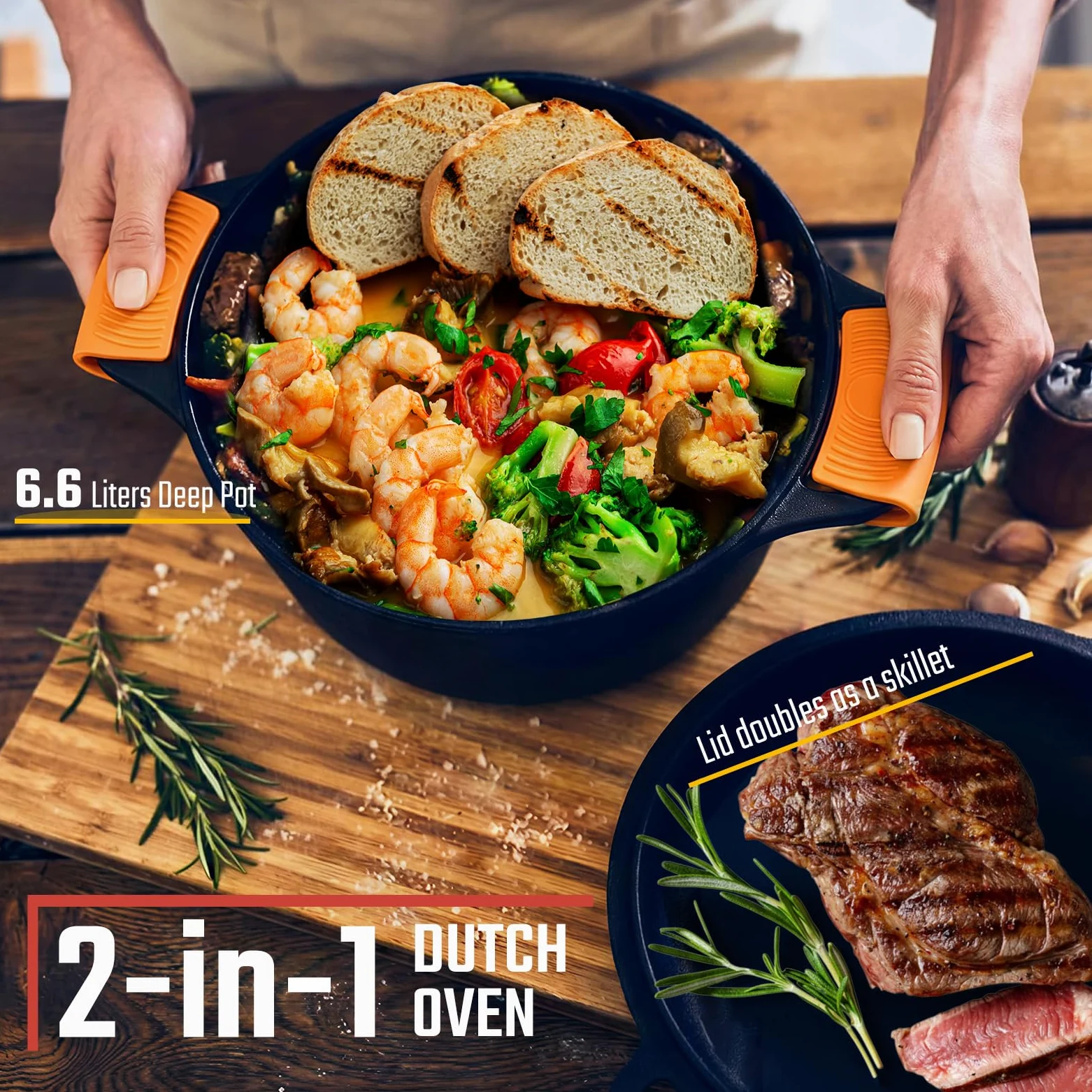 Overmont Olla Holandesa 6.6 L/ 7 Quart Cacerola de Hierro Fundido Tapa de Doble Función Sartén Plancha Pre Sazonado con Cubiertas de Manijas para Camping Cocina Casera Barbacoa Hornear