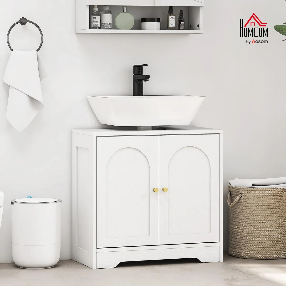 HOMCOM Mueble bajo Lavabo Mueble de Baño con 2 Puertas con Diseño de Arco Estante Ajustable Tiradores Dorados para Lavabo con o sin Pedestal 60x30x65 cm Blanco