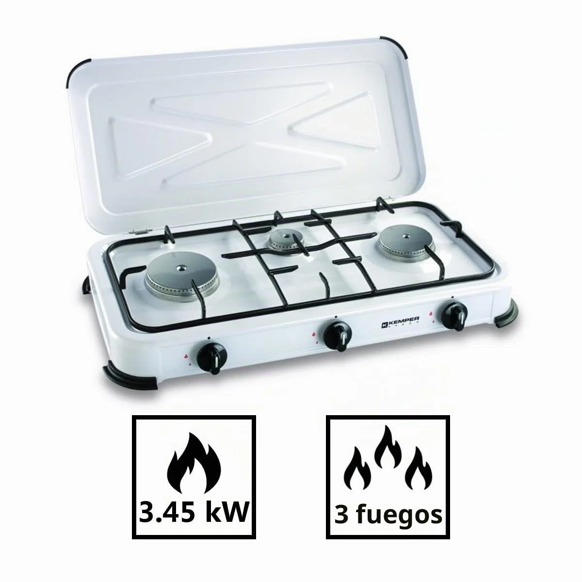 KEMPER – Placa de cocción de gas 3 luces portátil, 3450 W, tapa extraíble, color blanco – Hornillo para camping, conexión de botella de gas Butano/propano simple y segura
