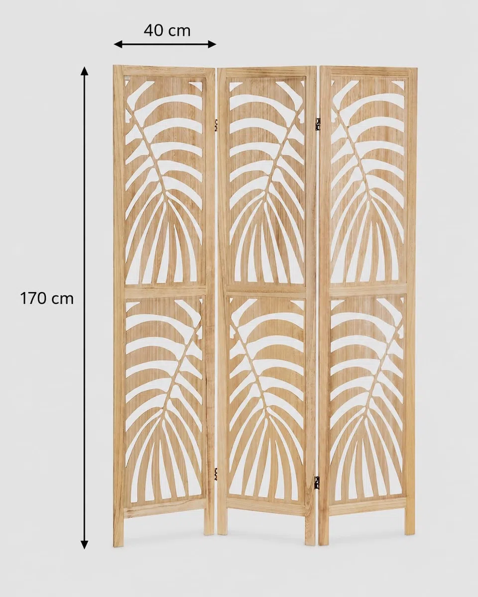 LOLAhome Biombo de 3 Hojas de Madera de paulonia Natural con Tallado de 120x170 cm (Natural Hojas)