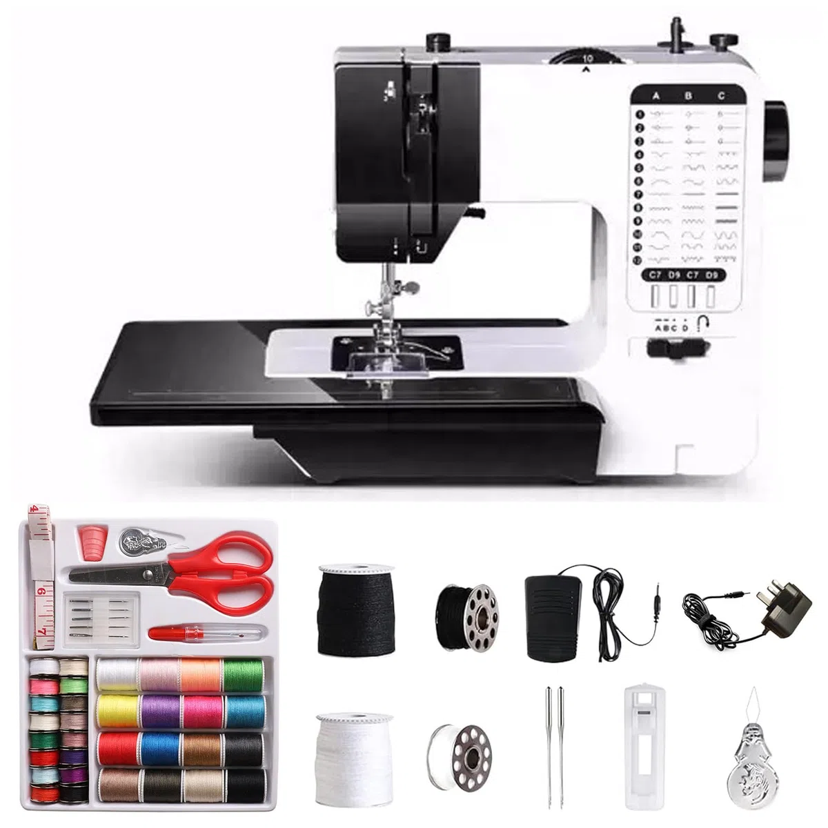 Máquina de Coser Electrónica, Mini Máquina de Coser con Kit de Costura, Máquina de Coser con Amplia Mesa de Costura, Máquina de Coser Eléctrica Portátil con 38 Puntos de Costura