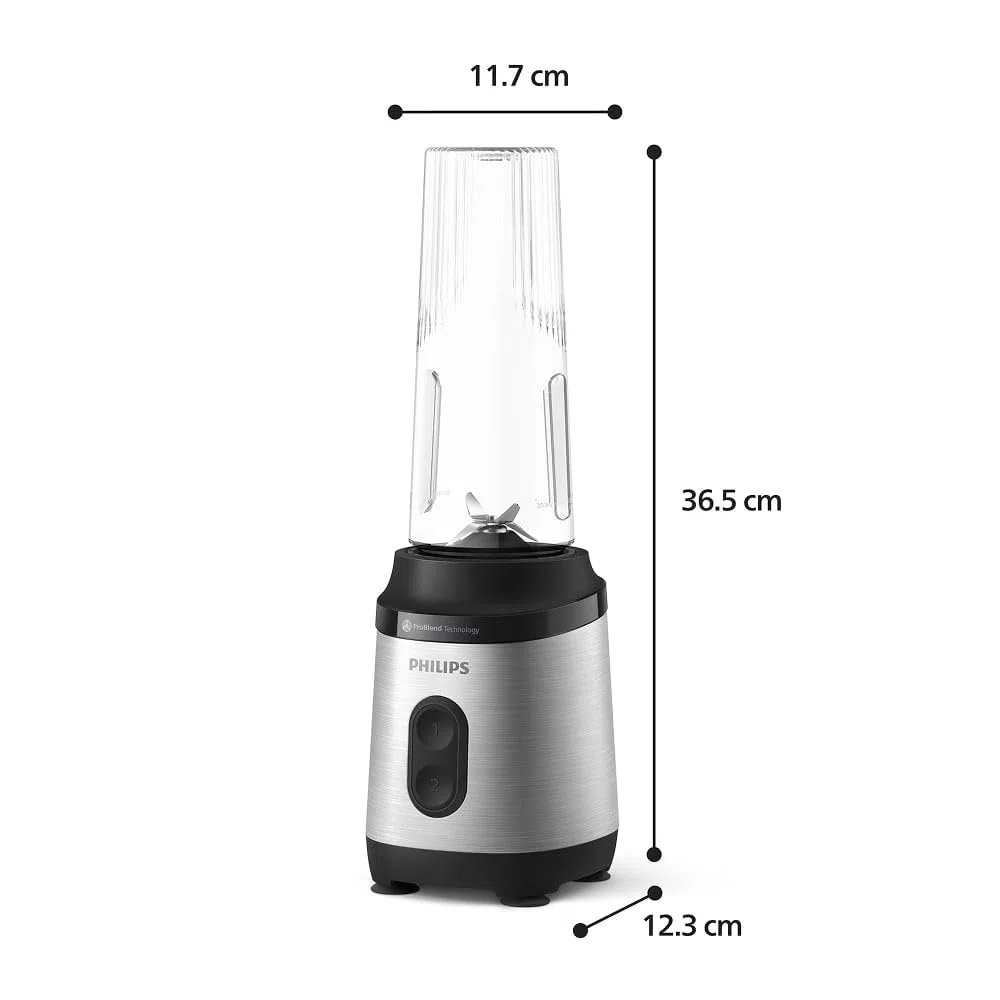 Philips Blend & Go Serie 3000 - Batidora Mini Smoothie, 350W, Vaso de 0,6L, Cuchillas Desmontables de 4 Estrellas, 2 Velocidades, Apta para Lavavajillas, Tecnología ProBlend, Plateada (HR2671/00)
