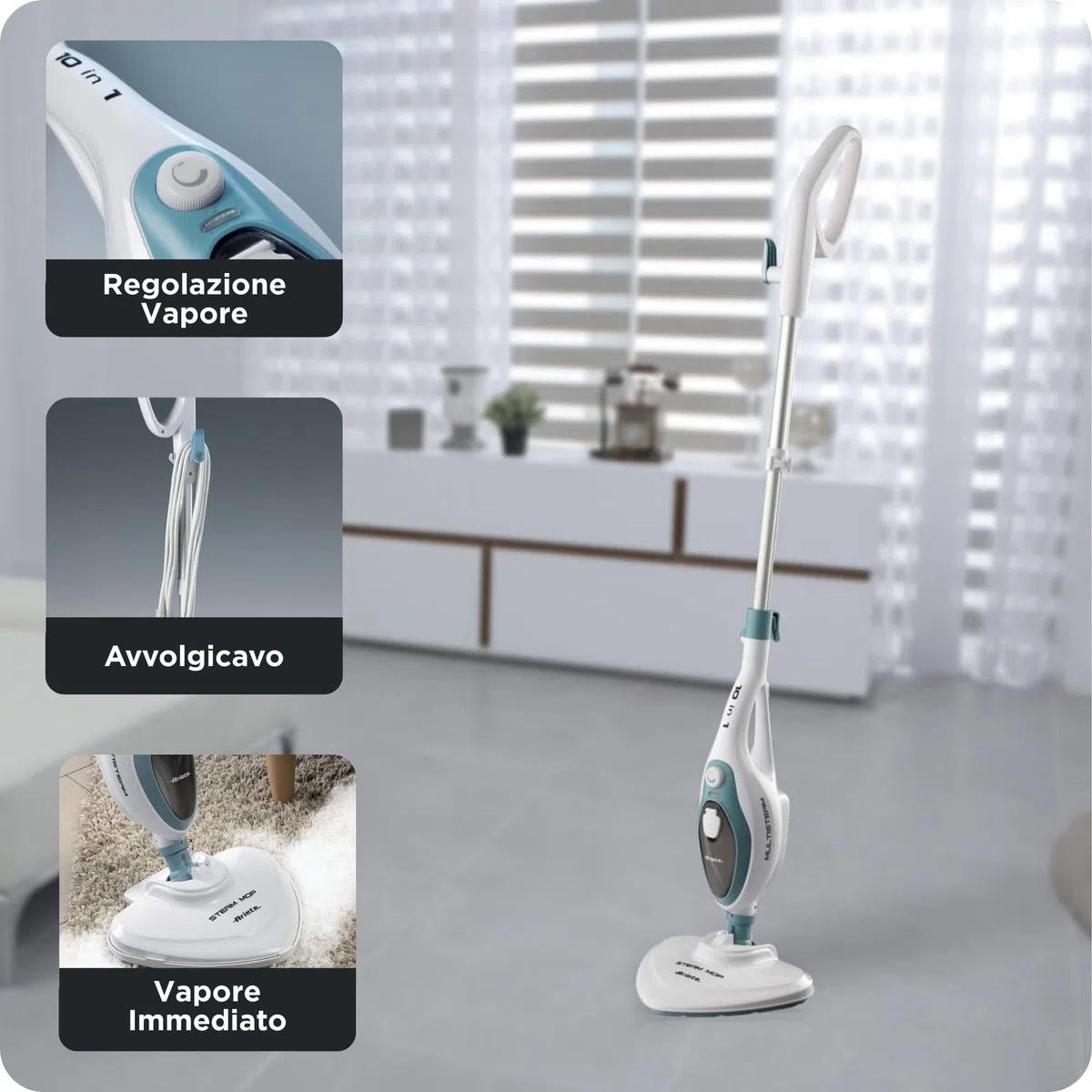Ariete 4164, Steam mop 10 en 1, mopa a vapor, 1500 w, autonomía ilimitada, depósito 350 ml, altura regulable, mango extraíble, cabezal pivotante, color blanco azul