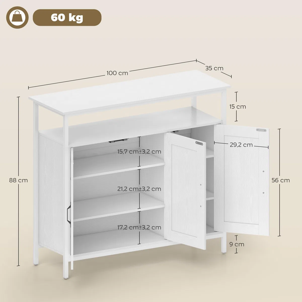 HOMCOM Aparador 3 Puertas, Aparador para Salón Industrial, con Compartimento Abierto, Estantes Ajustables, para Comedor, Entrada, Dormitorio, Blanco, 100x35x88 cm