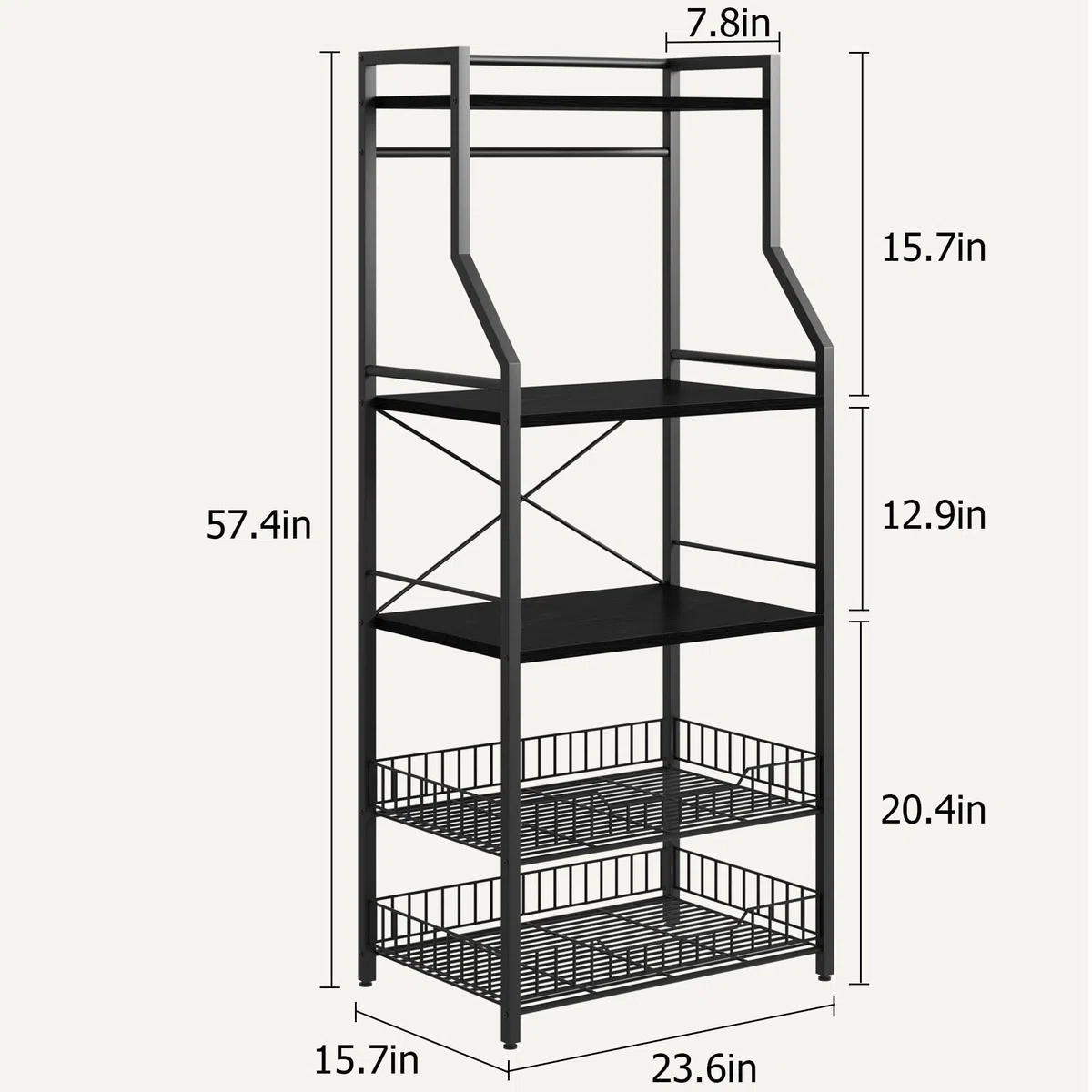 Garvee Estante industrial de cocina de 5 niveles con soporte para microondas – Estante negro con 2 cestas grandes y 8 ganchos para organizar especias y ollas