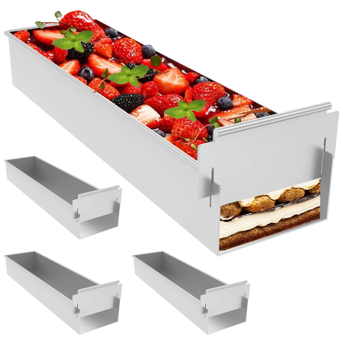 Molde para horno rectangular ajustable, molde rectangular para tartas, antiadherente, rectangular, molde ajustable para tartas de tiramisú (4 unidades, con desagüe removible)