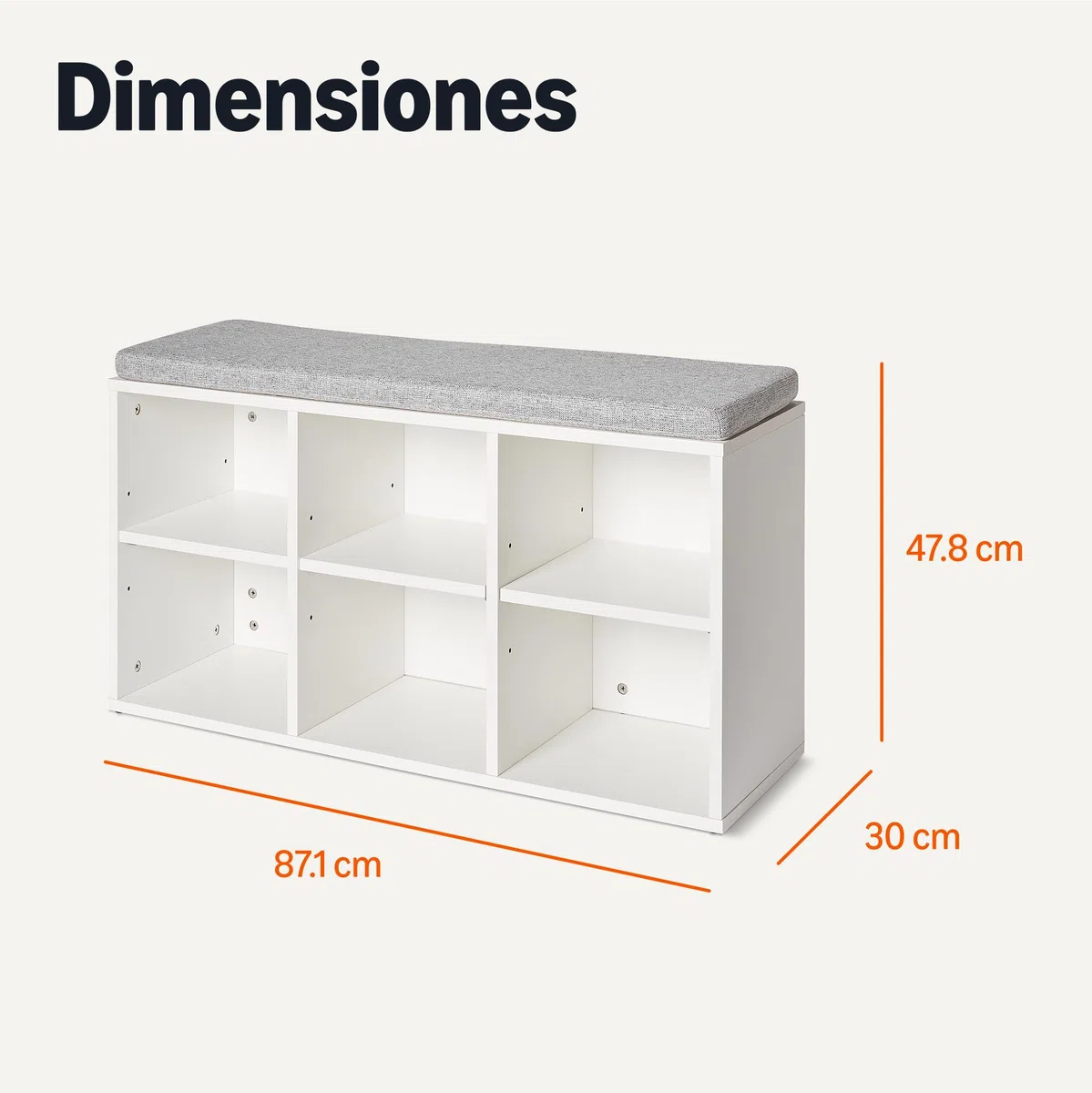 Amazon Basics Banco para Guardar Zapatos con Cojín, Zapatero con 6 Compartimentos, Estantes Ajustables, para la Entrada, 87 x 30 x 48cm, Blanco