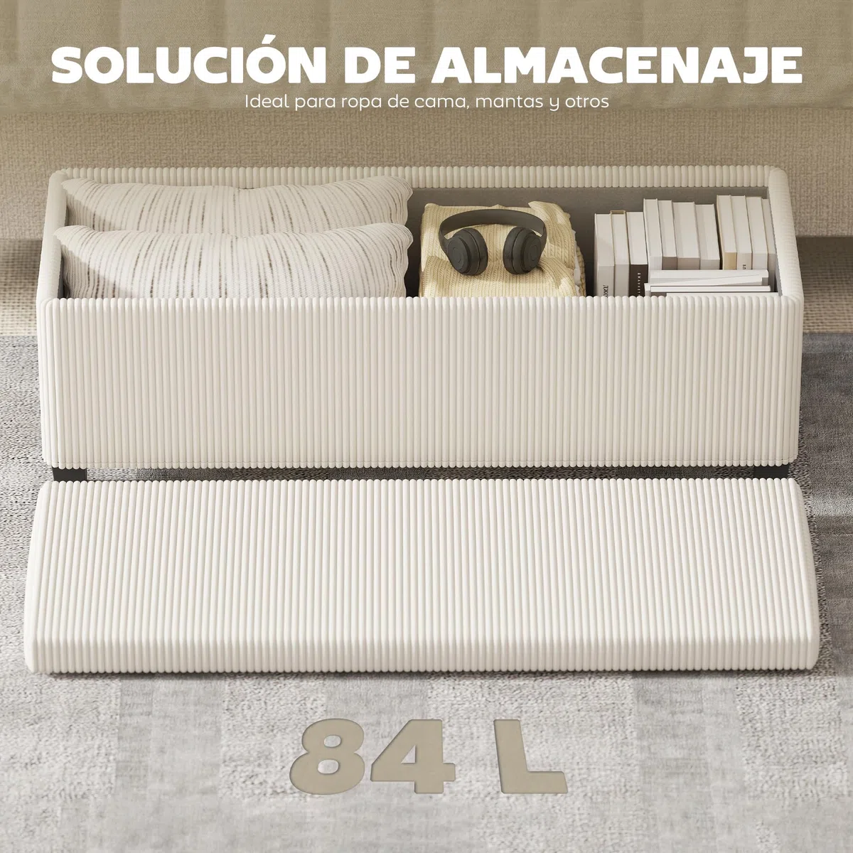 HOMCOM Puff Almacenaje, Banco Almacenaje, Capacidad de 84 L, 112x42x40 cm, Taburete Reposapiés, Tapizado en Pana, Pie de Cama, Carga 220 kg, para Sala de Estar, Dormitorio, Entrada, Beige