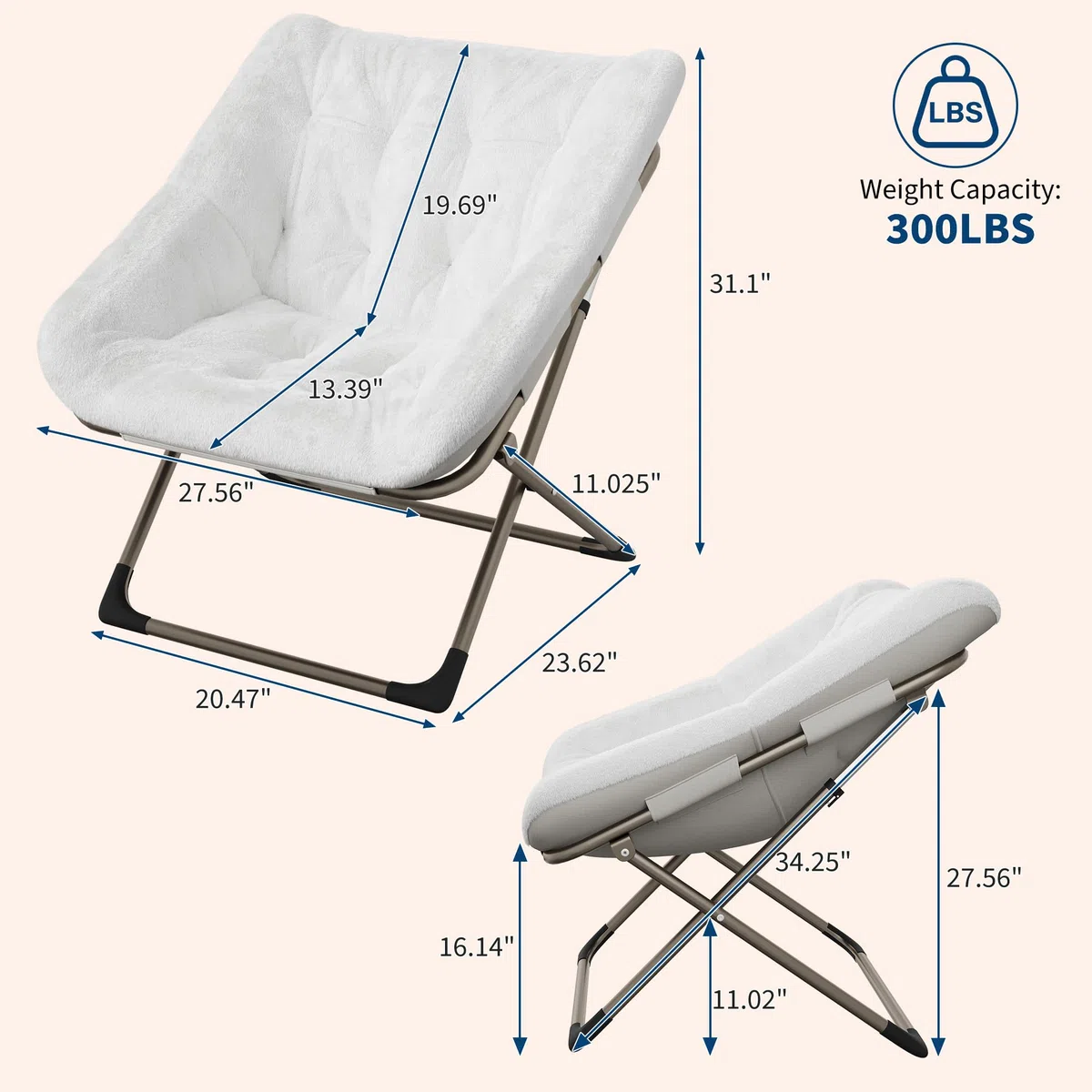 Sillon Plegable Sillon Para Salon Dormitorio Relax Moon Silla Portátil Sillons De Lectura De Metal, Estructura De Acero y Piel Sintética Suave Reposacabezas Alto Respaldo Alto Capacidad 136 Kg Peluche