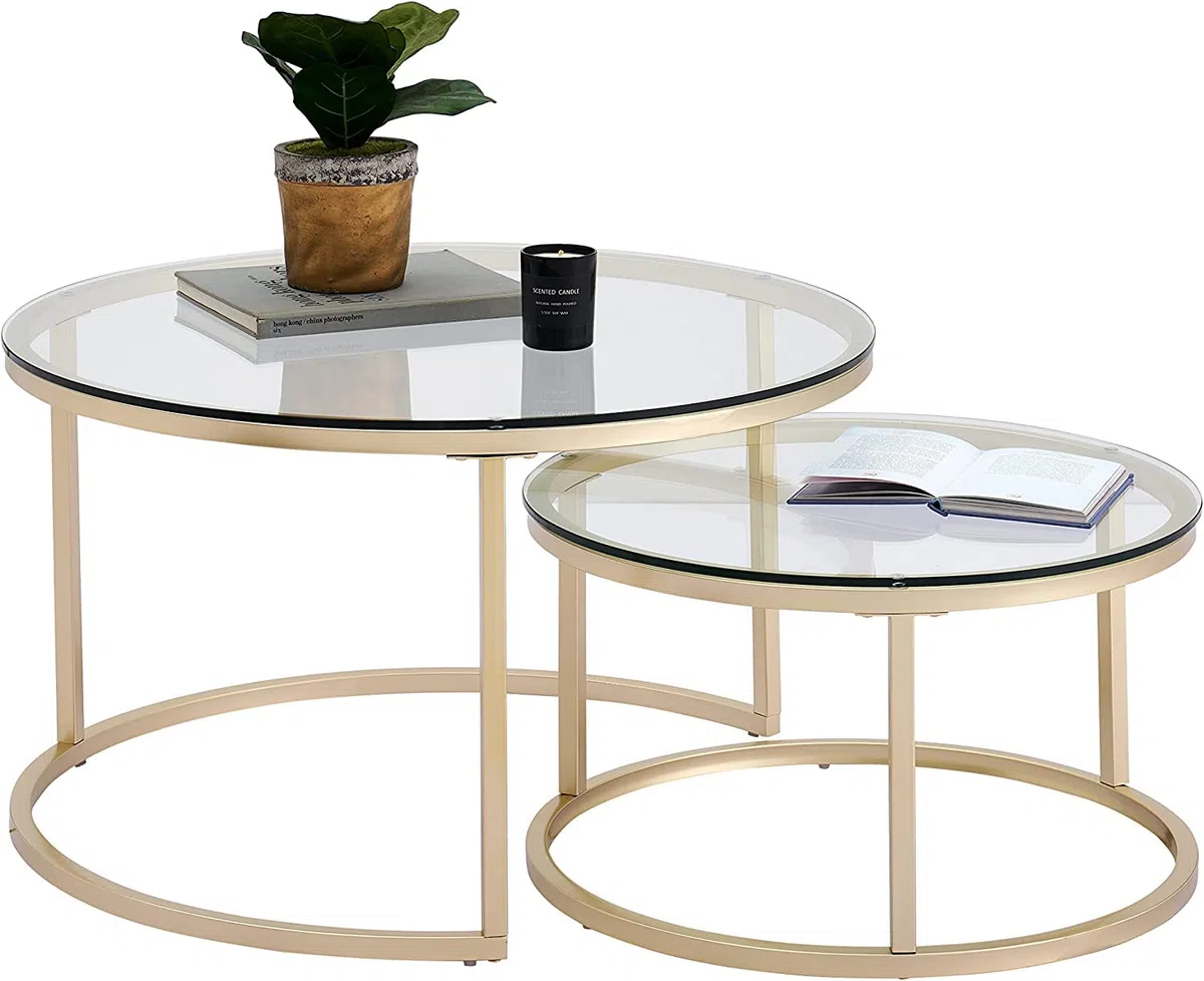Conjunto de 2 Mesas de Centro Redondas, Mesas de Centro, Grande: 60 x 60 x 45 cm; Pequeña: 40 x 40 x 35 cm, Mesa Auxiliar Redonda, Tapa de Mesa de Vidrio Templado, Dorado Y Vidrio