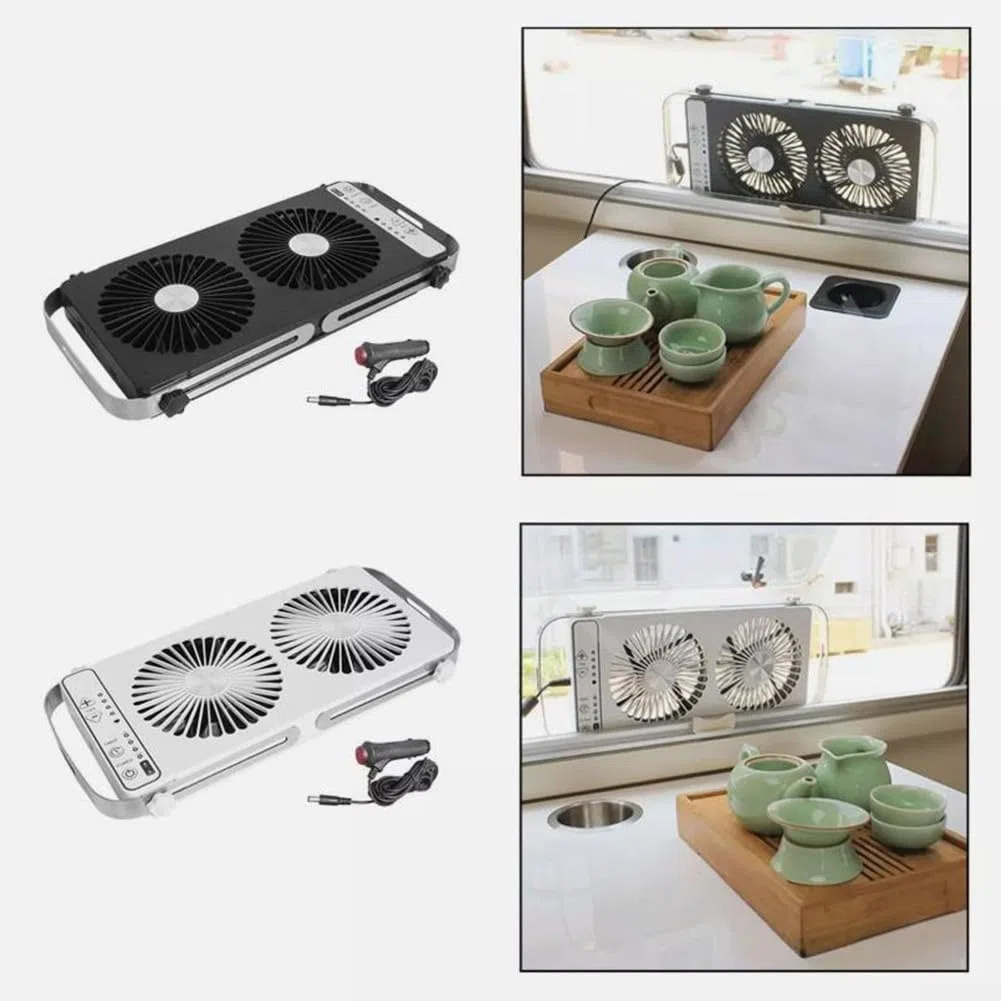 Eawfgtuw Ventilador de ventana doble, ventilador de ventana de techo de RV, ventilador doble, escape, 4 ajustes de velocidad, longitud ajustable de 37,5 a 58,9 cm para autocaravana (negro)