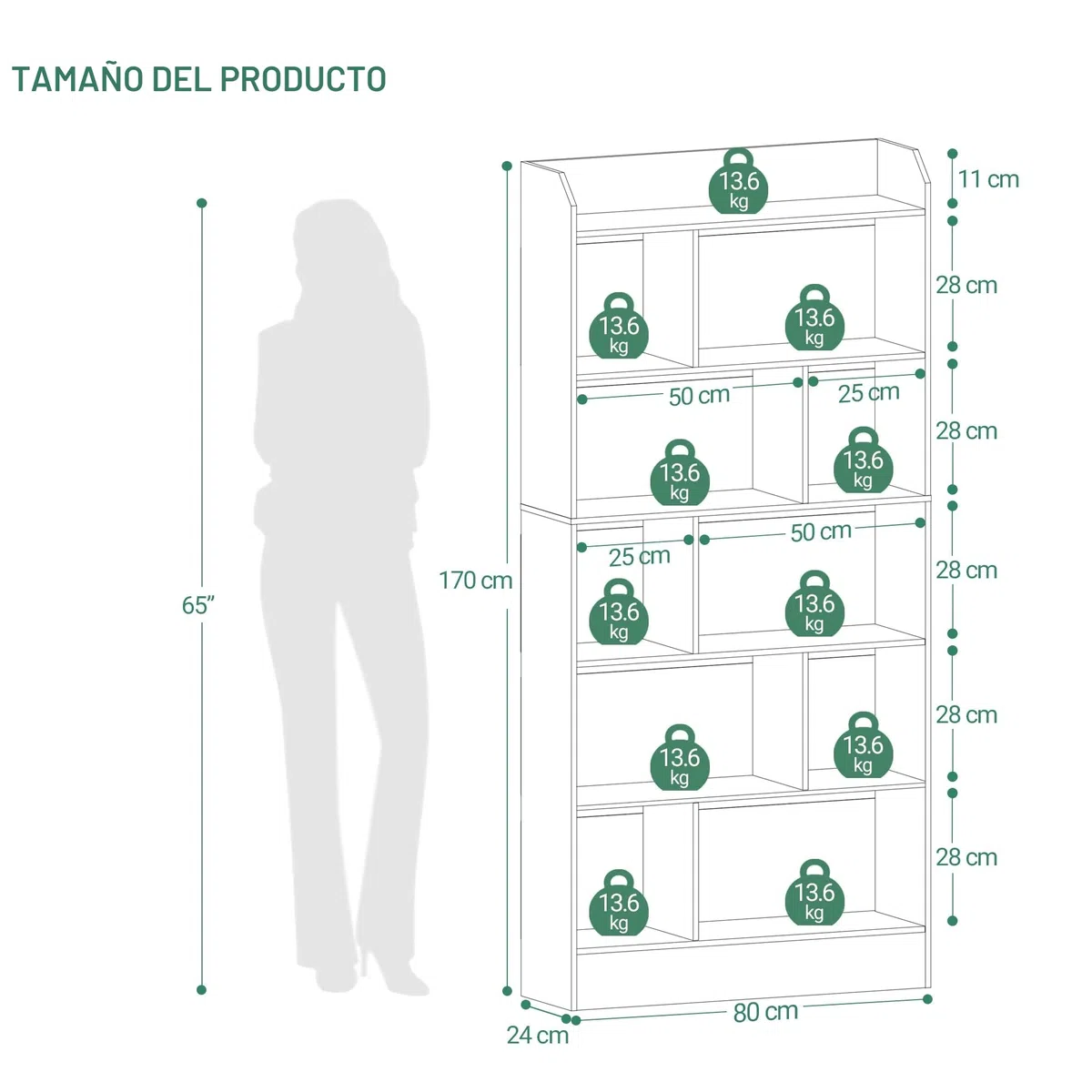 Hzuaneri Libreria de 6 Niveles, Estanteria para Libros de 10 Cubos, 24 x 80 x 170 cm, para Oficina, Salón, Estudio, Blanco BC22803X