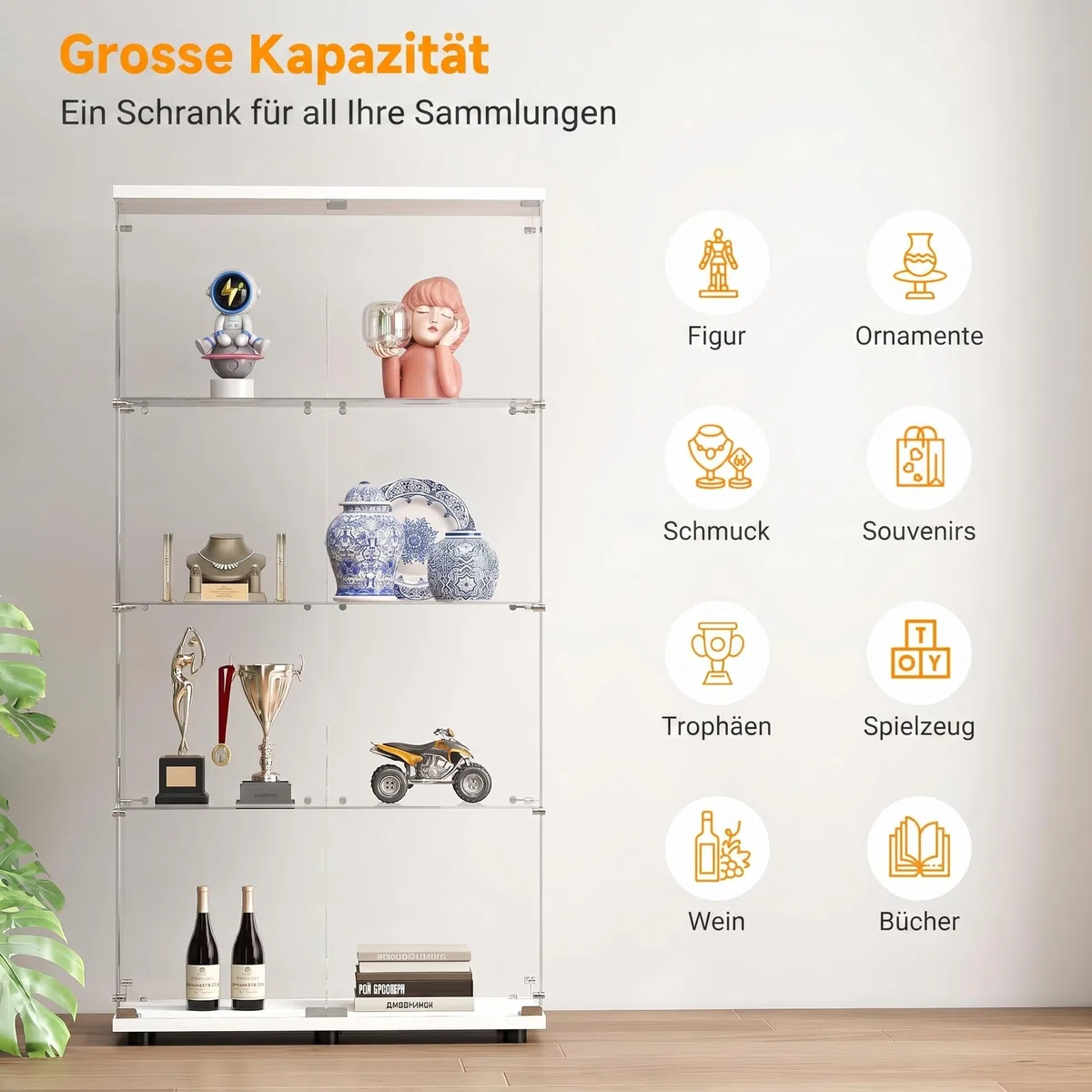 Vitrina De Cristal, Mueble De Colección Transparente, Vitrina Salon, 163x80x35cm, Vitrina Moderna De Pie para Salón, Oficina, Objetos De Colección, Libros, Vino