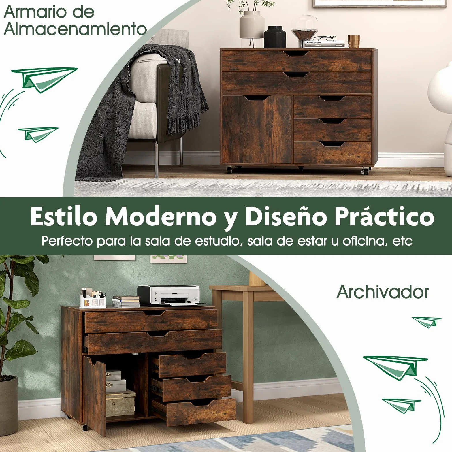 GIANTEX Armario Archivador con Ruedas, Cajonera con 5 Cajones y 1 Puerta, 77,5 x 40 x 64 cm, Armario de Almacenamiento para Oficina, Dormitorio, Salón (Marrón)