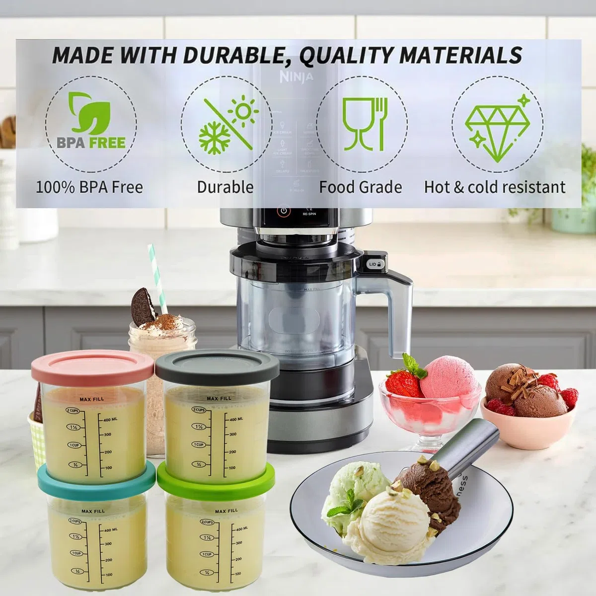 Paquete de 4 tinas de creami compatibles con Ninja CREAMi Ice Cream Maker NC300UK NC300UKCO NC300UKCP NC301 Series, para recipientes de pinta cremosa Ninja con tapas de color, sin BPA y apto para