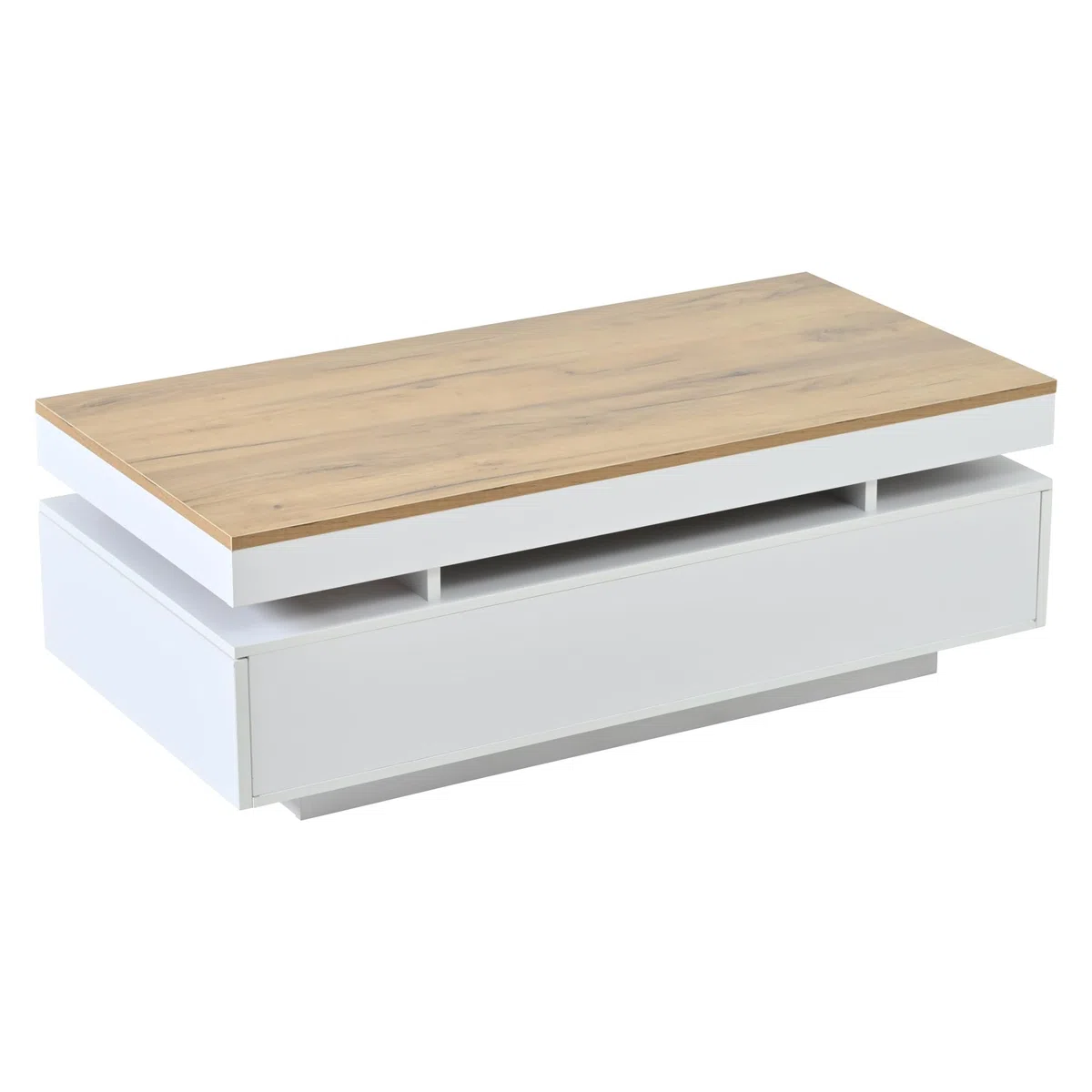 SACOOL 100 x 50 x 35 cm Mesa de centro con 2 cajones, mesa auxiliar LED de alto brillo, mesa de té, mesa de sofá, mesa de salón, mesa de café, color blanco + tono de madera, blanco, madera