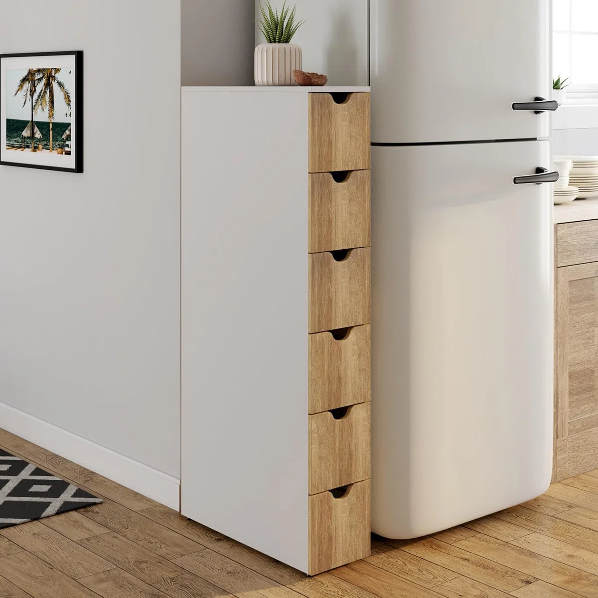 IDMarket - Torre de almacenamiento con 6 cajones WILO sobre ruedas, columna que ahorra espacio en blanco y aspecto de madera de haya