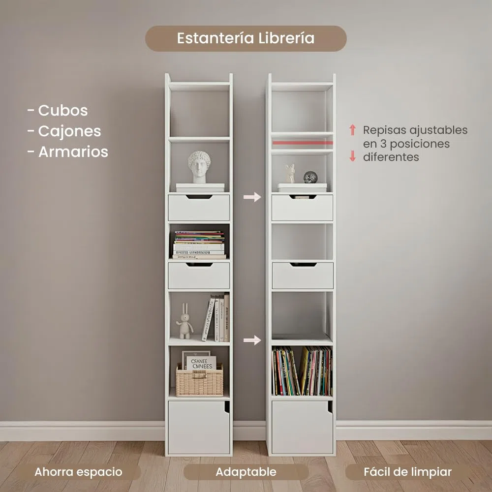 Marctani Libreria Estanteria Blanca con 6 Niveles y 3 Cajones - Estanteria Libros de Madera MDF - Libreria Estrecha y Alta con Almacenaje para Dormitorio, Salon, Baño. Book Shelf 33 x 24 x 181 cm