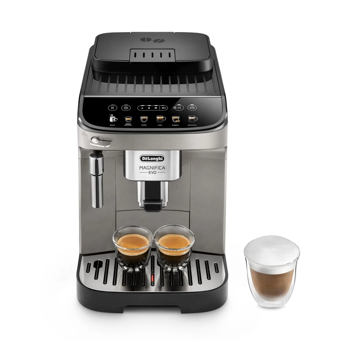 De'Longhi Magnifica Evo ECAM290.42.TB, Máquina de Café Automática con Varilla de Leche, Tamaño Compacto, Máquina de Grano, Espumado Manual de Leche, 4 Recetas, Pantalla Táctil a Color, Negro Titanio