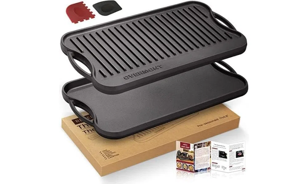 OVERMONT Parrilla reversible de hierro fundido pre-sazonado con asas para estufa de gas, horno de fuego abierto, 43,18 x 24,89 cm, una bandeja, raspadores incluidos