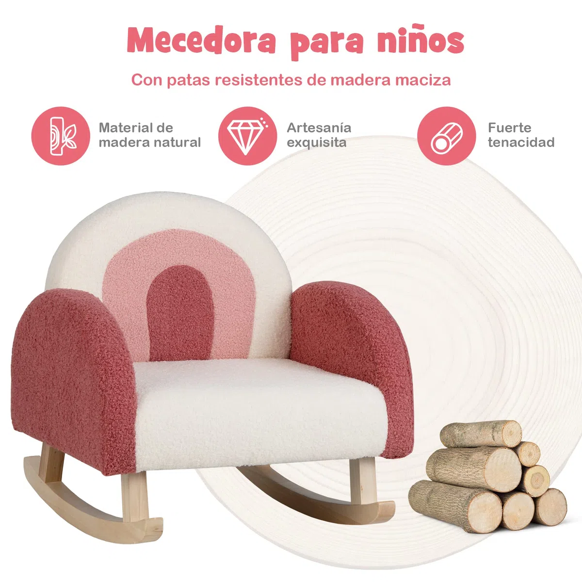 COSTWAY Silla Mecedora Infantil, Sillón Moderno con Patas de Madera de Álamo para Niños de 3 a 5 Años, Antivuelco, Bonito Sofá Individual Tapizado para Guardería, Sala de Juegos (Rojo)
