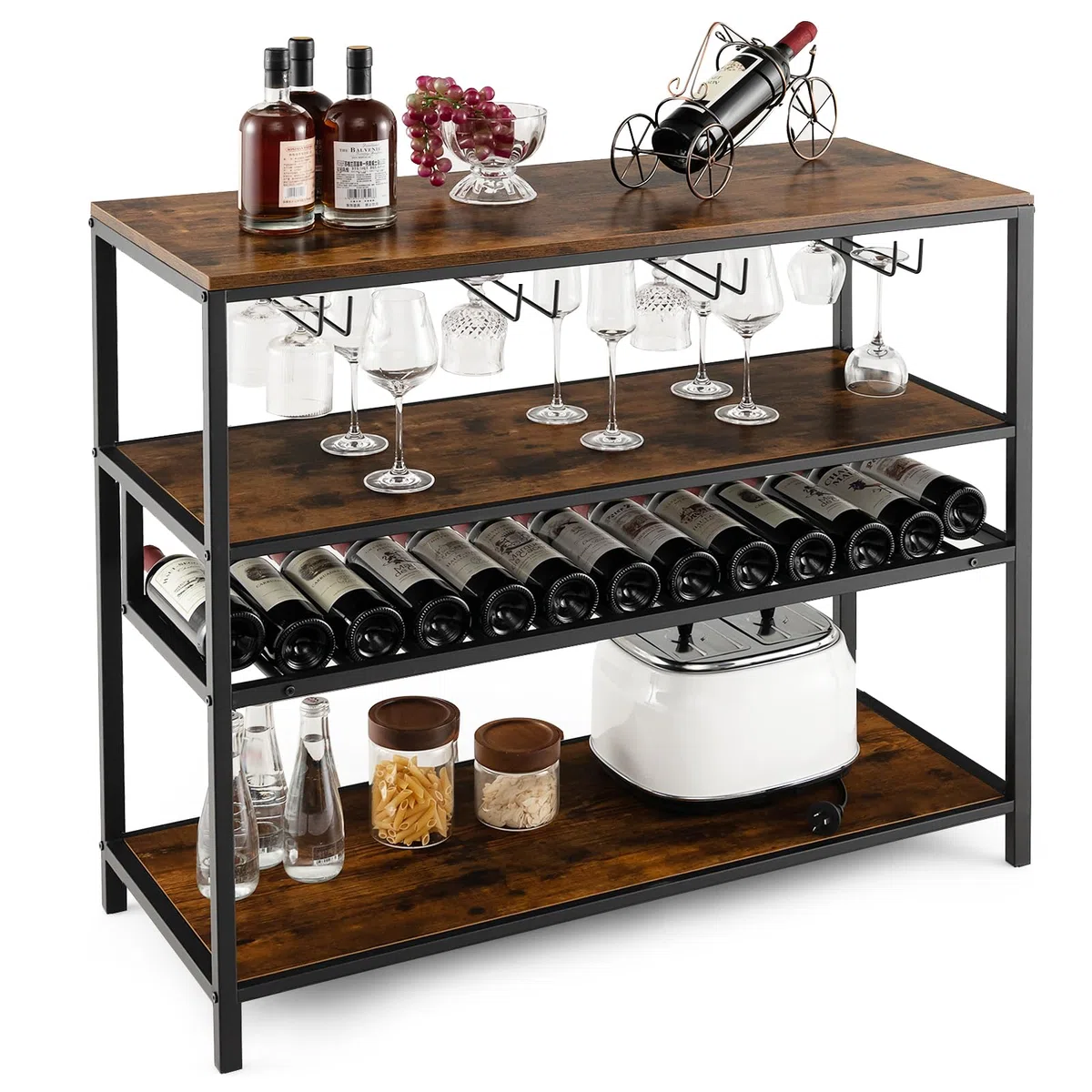 COSTWAY Estante Botellero Vino, Mueble Bar Industrial con Botellero y 4 Filas de Soportes para Vasos, Amplio Tablero y Estantes Abiertos, Armario Independiente para Vinos en Cocina, Comedor, Buffet