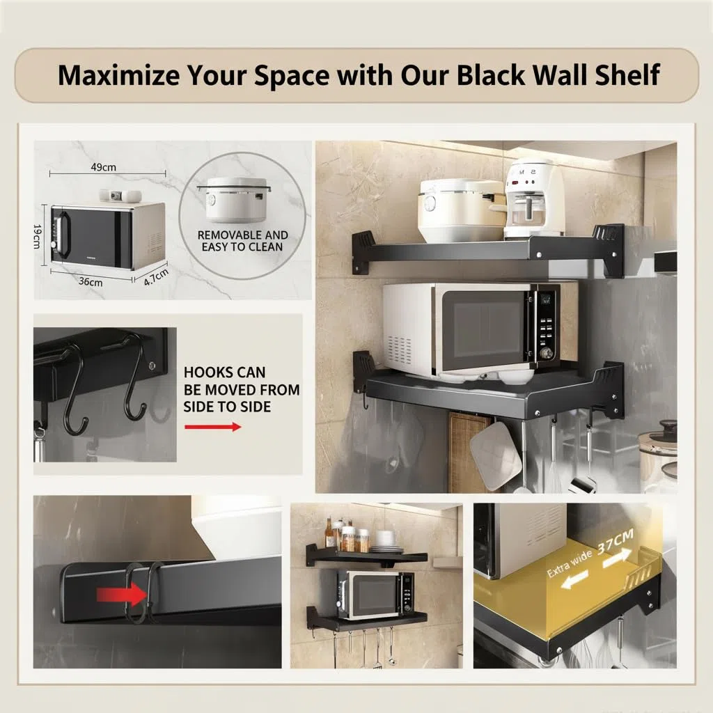 FREEUP Estantería de pared para microondas para cocina, soporte para microondas de acero inoxidable, color negro, soporte para microondas con 6 ganchos, montaje adhesivo o montaje en taladro