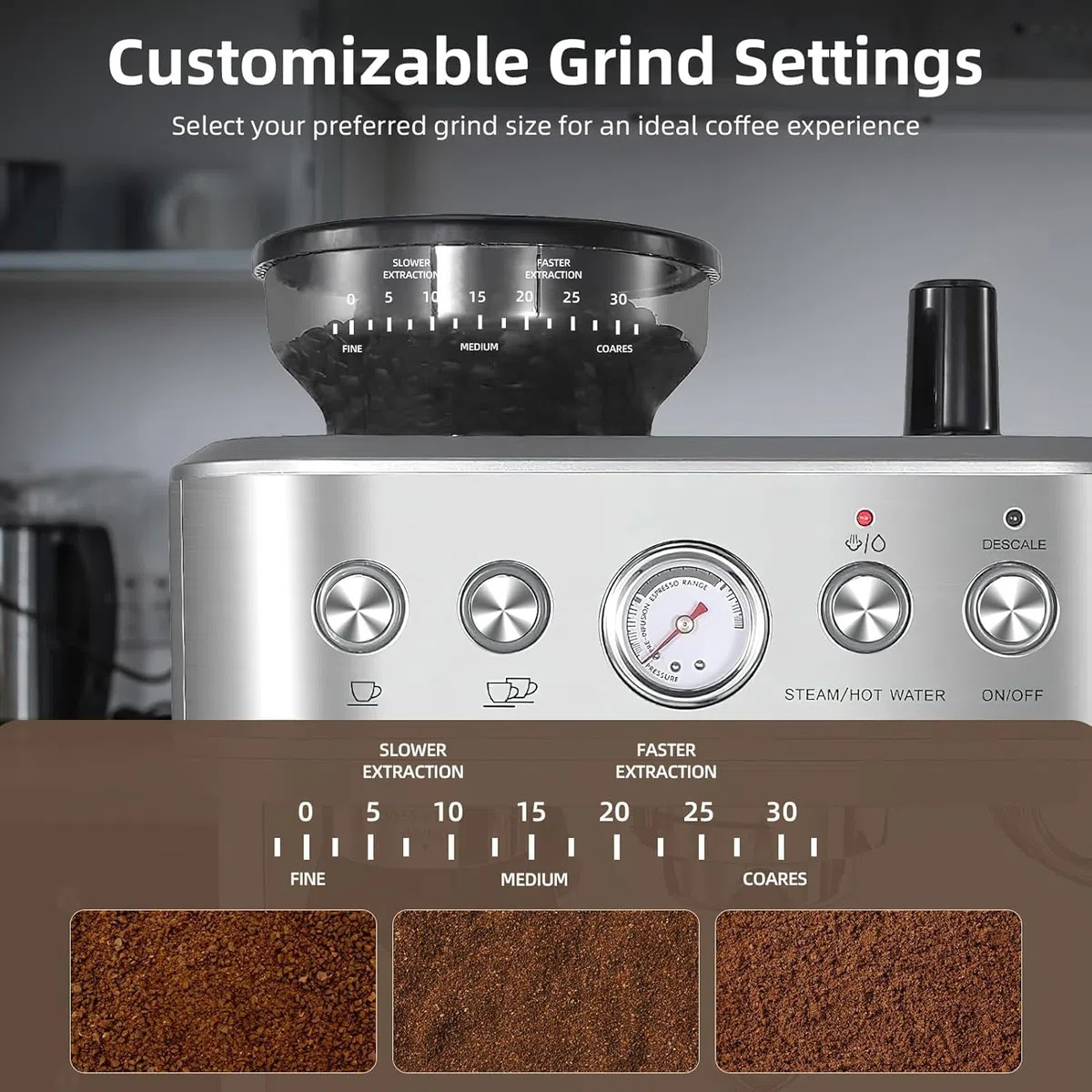 Garvee Cafetera Italiana Automática con Molinillo Integrado – 15 Bares y Control PID – Espresso Profesional en Casa con Boquilla de Vapor, Depósito 2,3L, Acero Inoxidable, Plateado