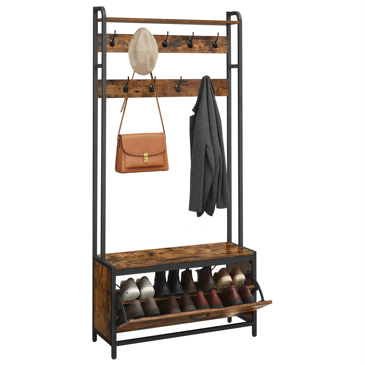 VASAGLE Perchero Zapatero, Perchero Recibidor, con Banco Zapatero, 9 Ganchos, Estante Superior, Pasillo Dormitorio Salón, Estilo Industrial, Marrón Rústico y Negro HSR405B01