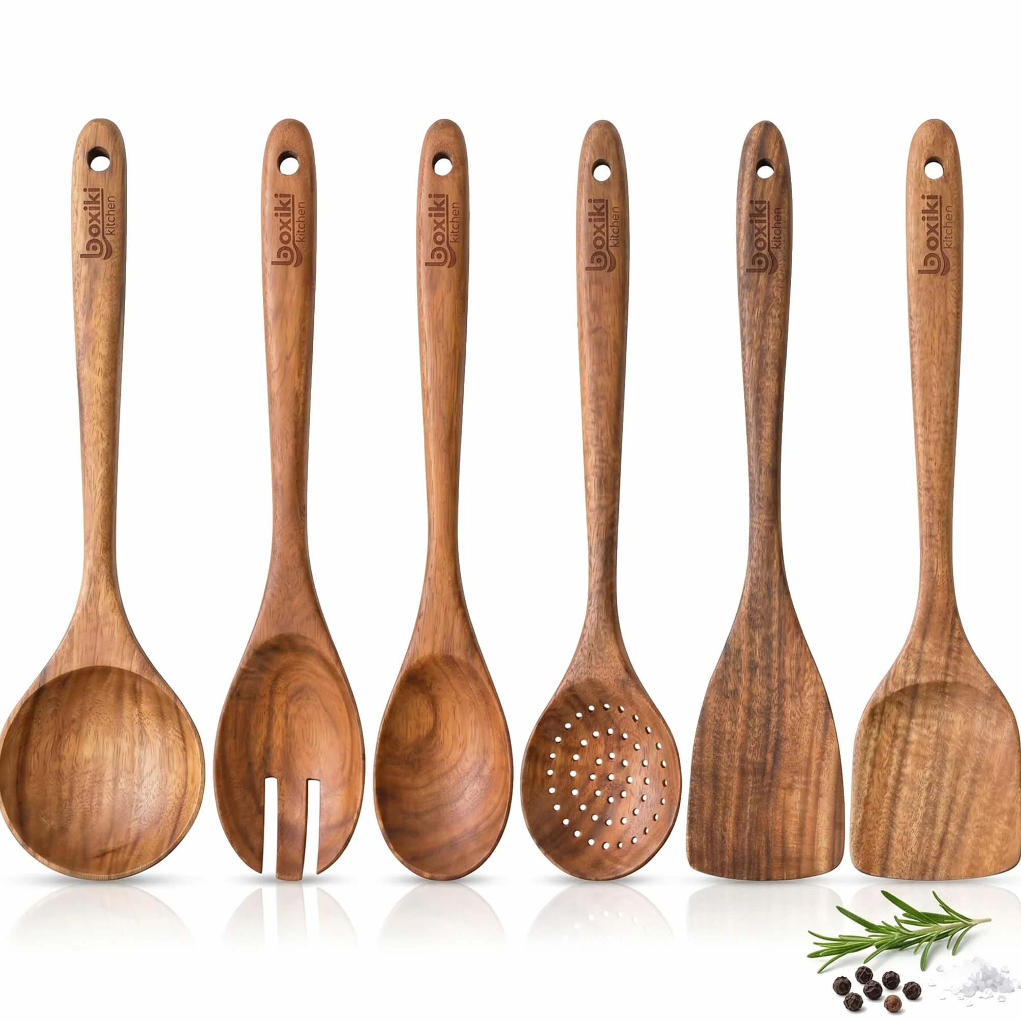 Boxiki Kitchen - 6 Cucharas de Madera para Cocinar - Set Duradero con Acabado Suave de Madera de Teca - Set de Cucharas y Espátula para Sartén Antiadherente para Uso Diario
