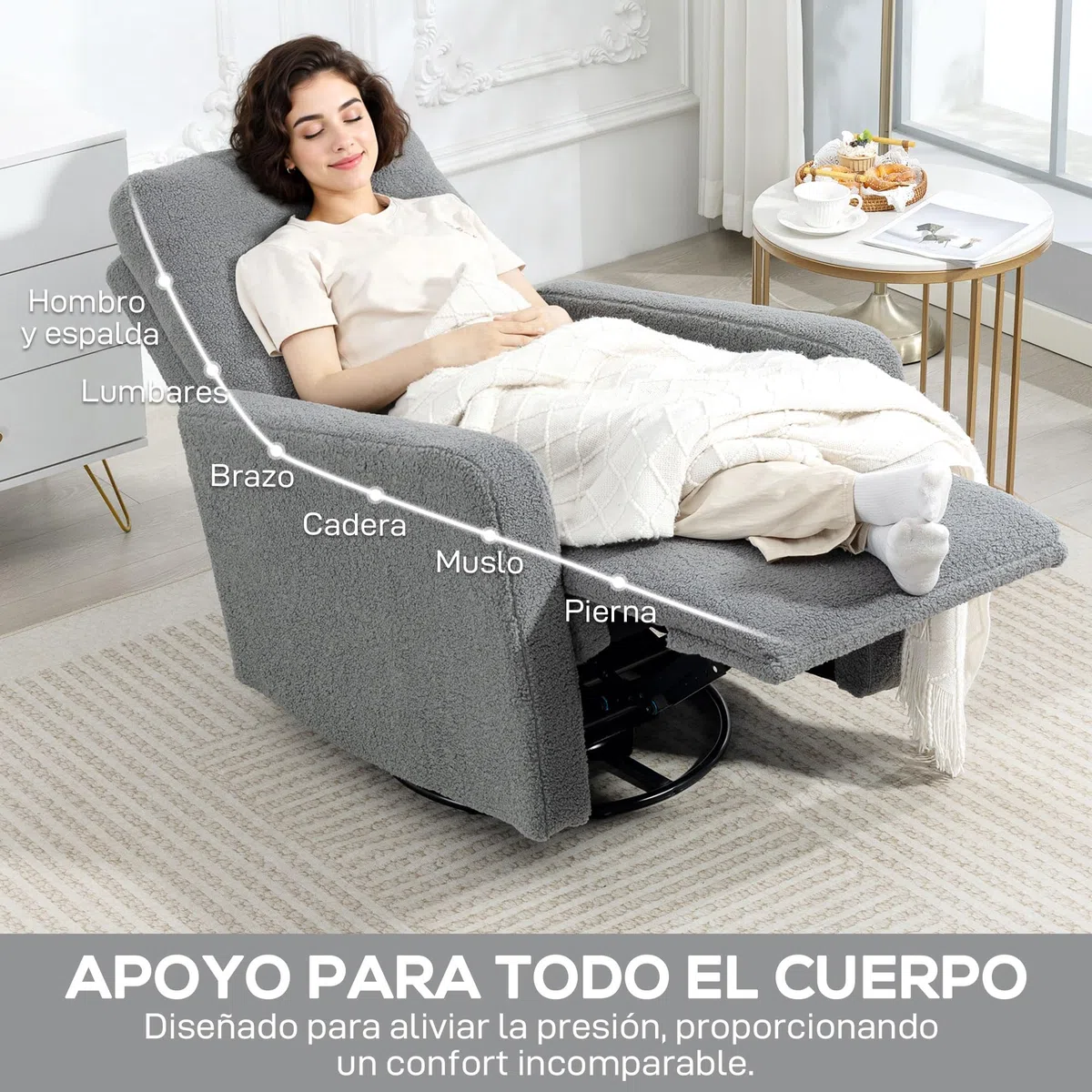 HOMCOM Sillón Relax Reclinable Manual, Sillón Relax de Borreguito con Reposabrazos, Reposapiés, Acolchado Grueso, Función de Balanceo 360°, Butaca Reclinable hasta 135º para Salón, Dormitorio, Gris