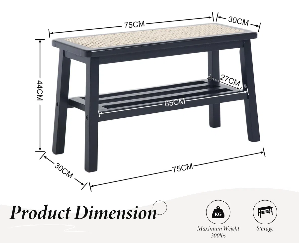 Ya-Home Banco de Cocina de Rattan, Banco Zapatero, Banco Madera Recibidor para Salon/Oficina,Negro
